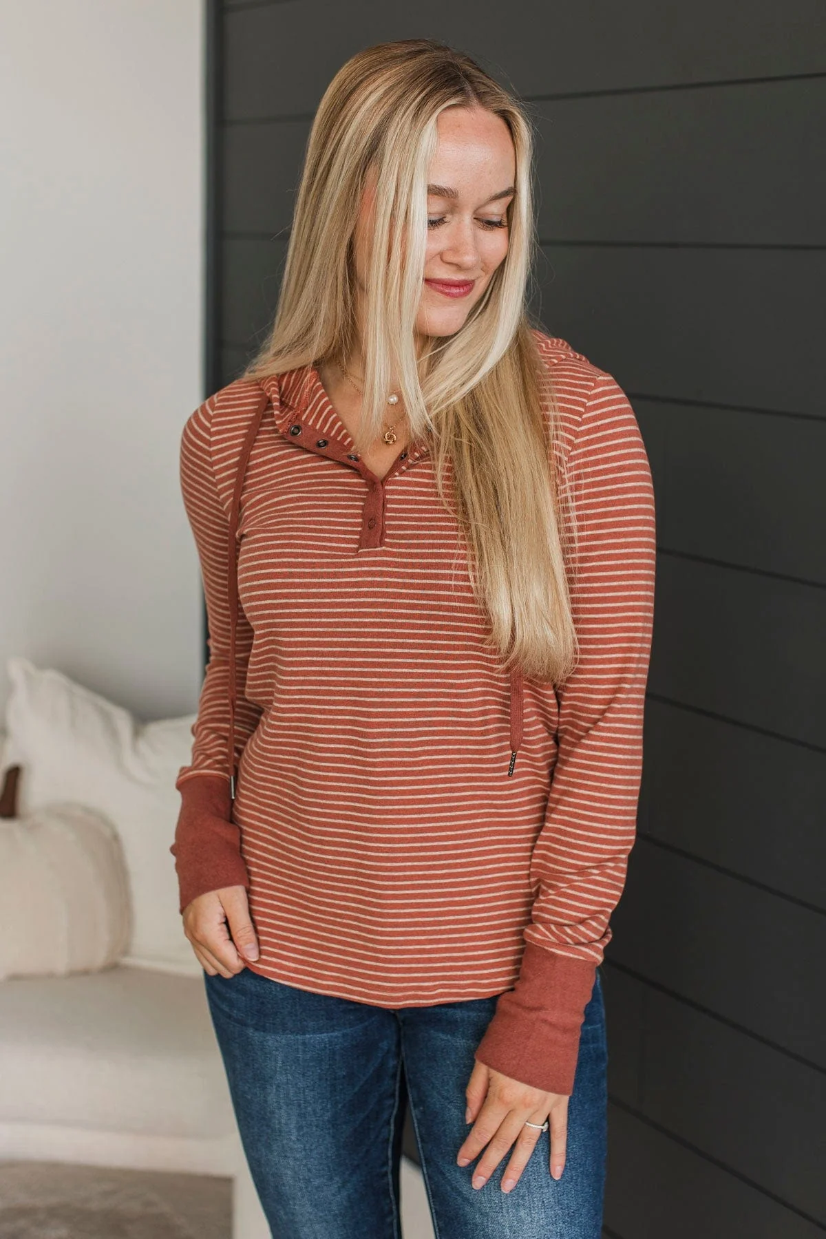 One Step Away Hooded Henley Top- Rust - Image 2