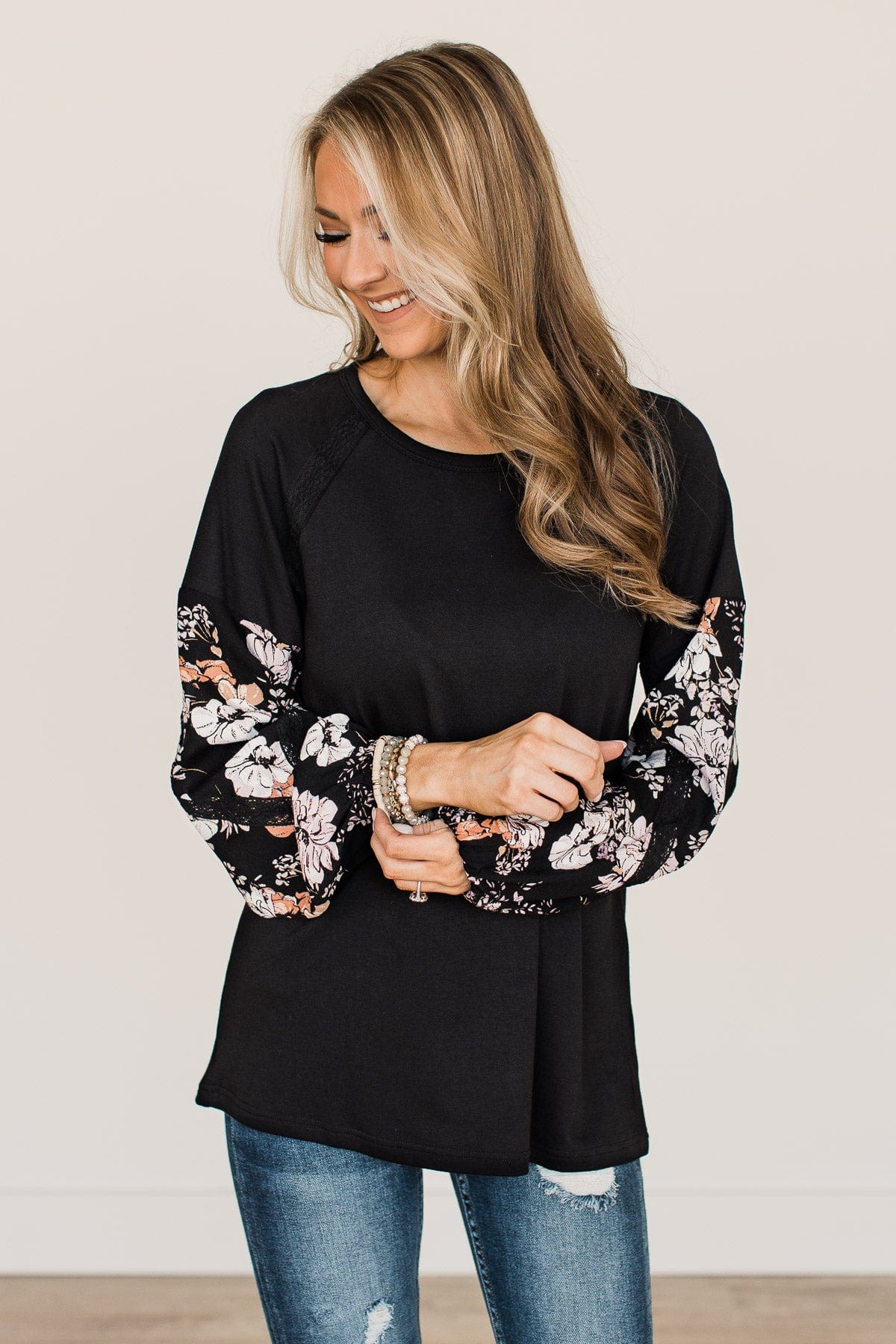 One To Remember Floral Sleeve Top- Black - Image 2
