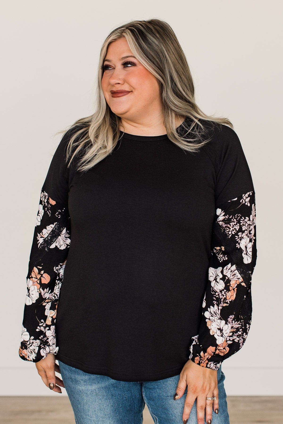 One To Remember Floral Sleeve Top- Black - Image 3