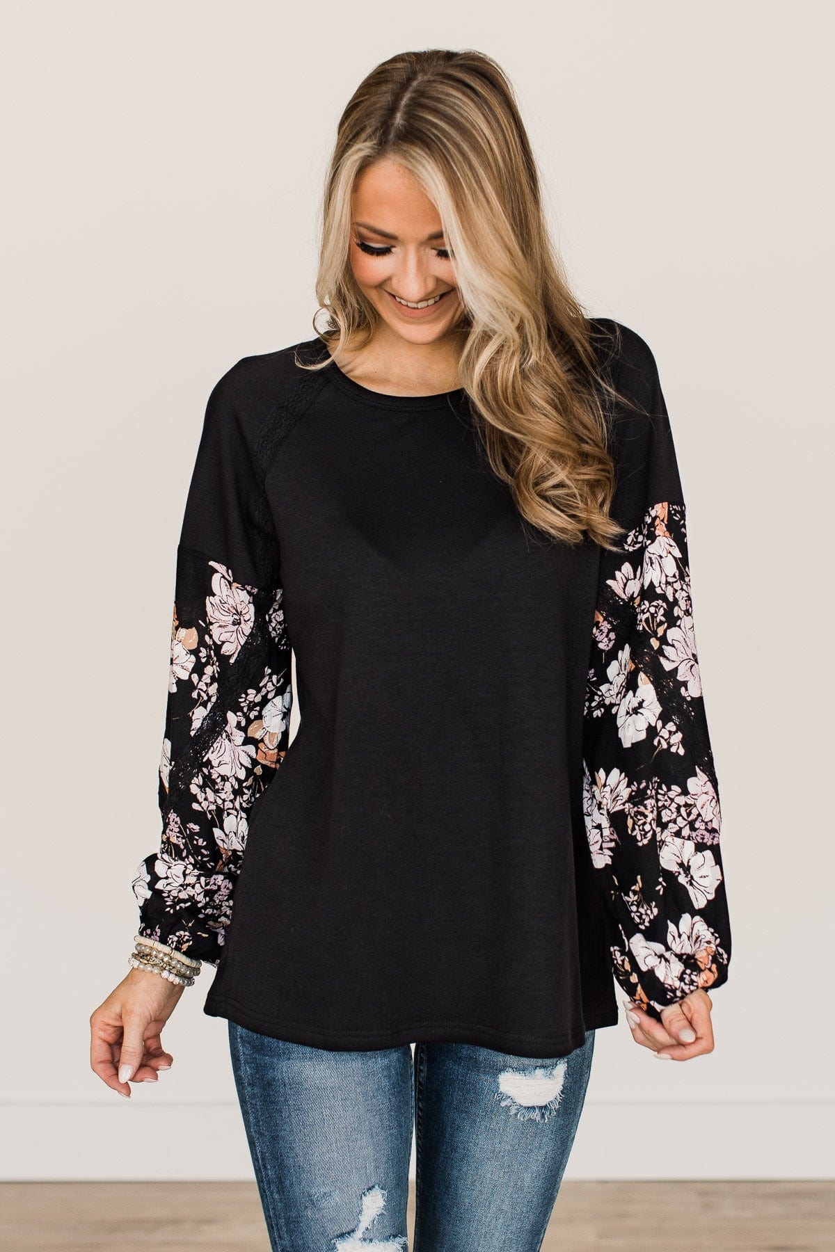 One To Remember Floral Sleeve Top- Black - Image 4