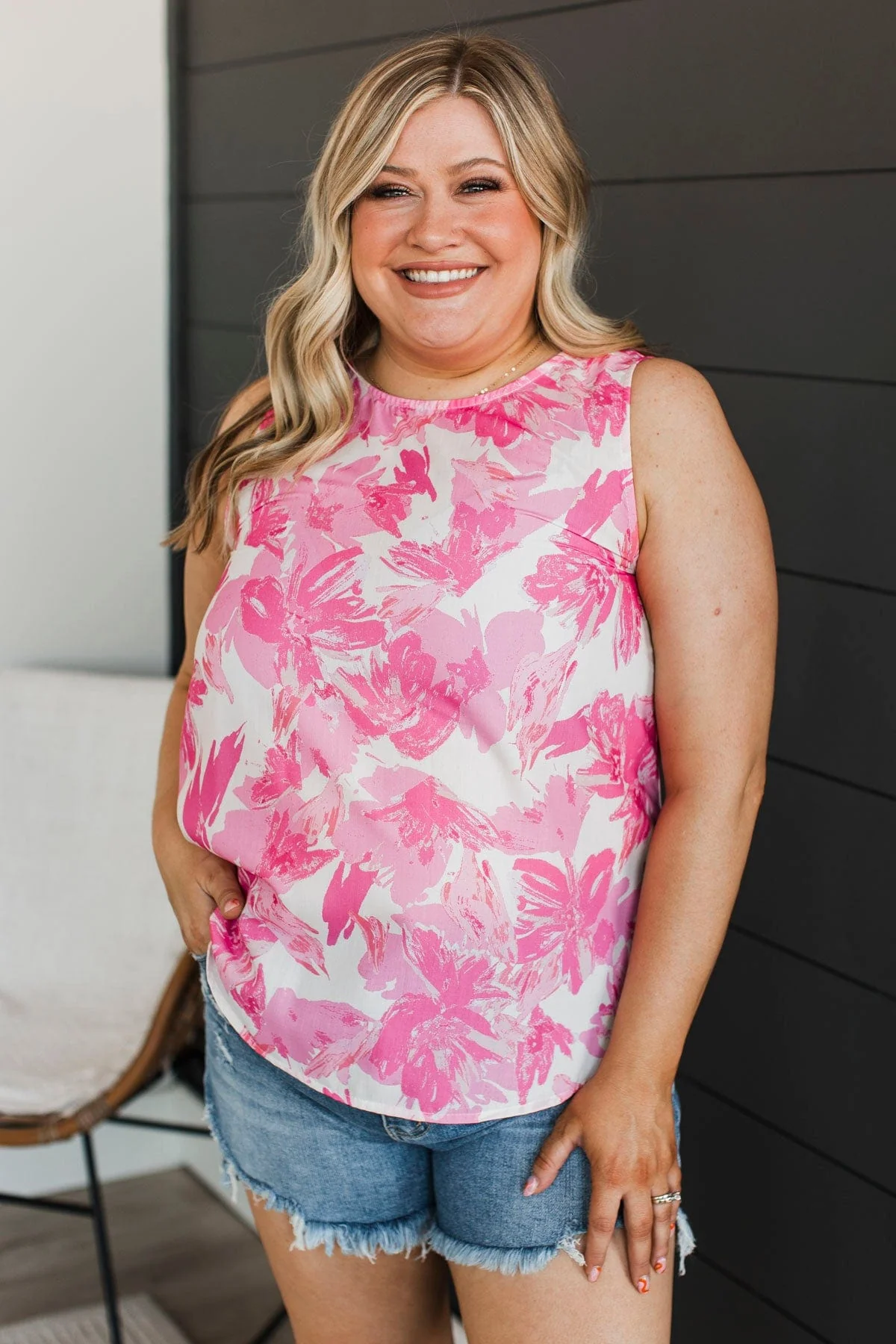 Only Love You Floral Tank Top- Ivory & Bright Pink - Image 4