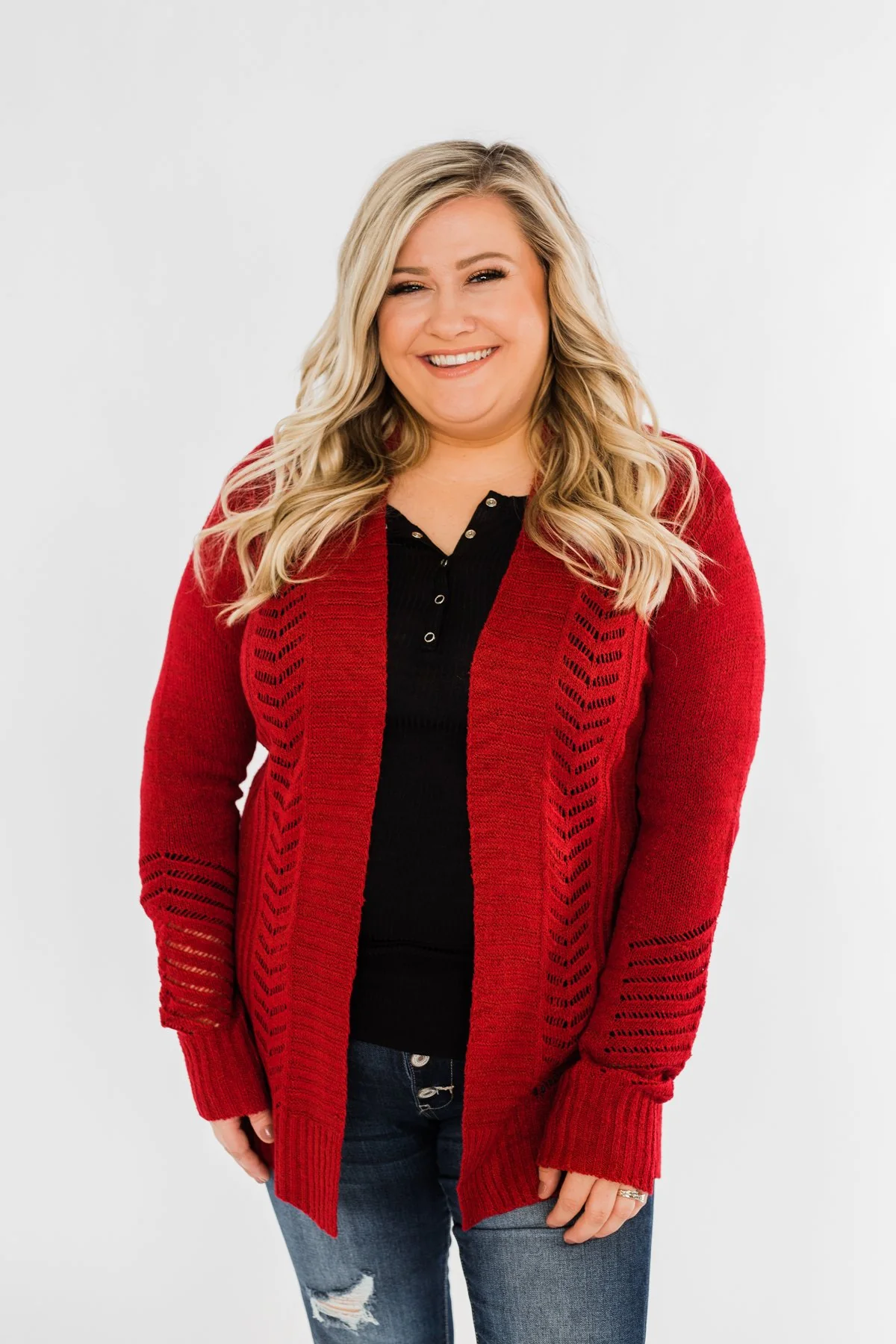 Open Front Pointelle Cardigan- Holiday Red - Image 8