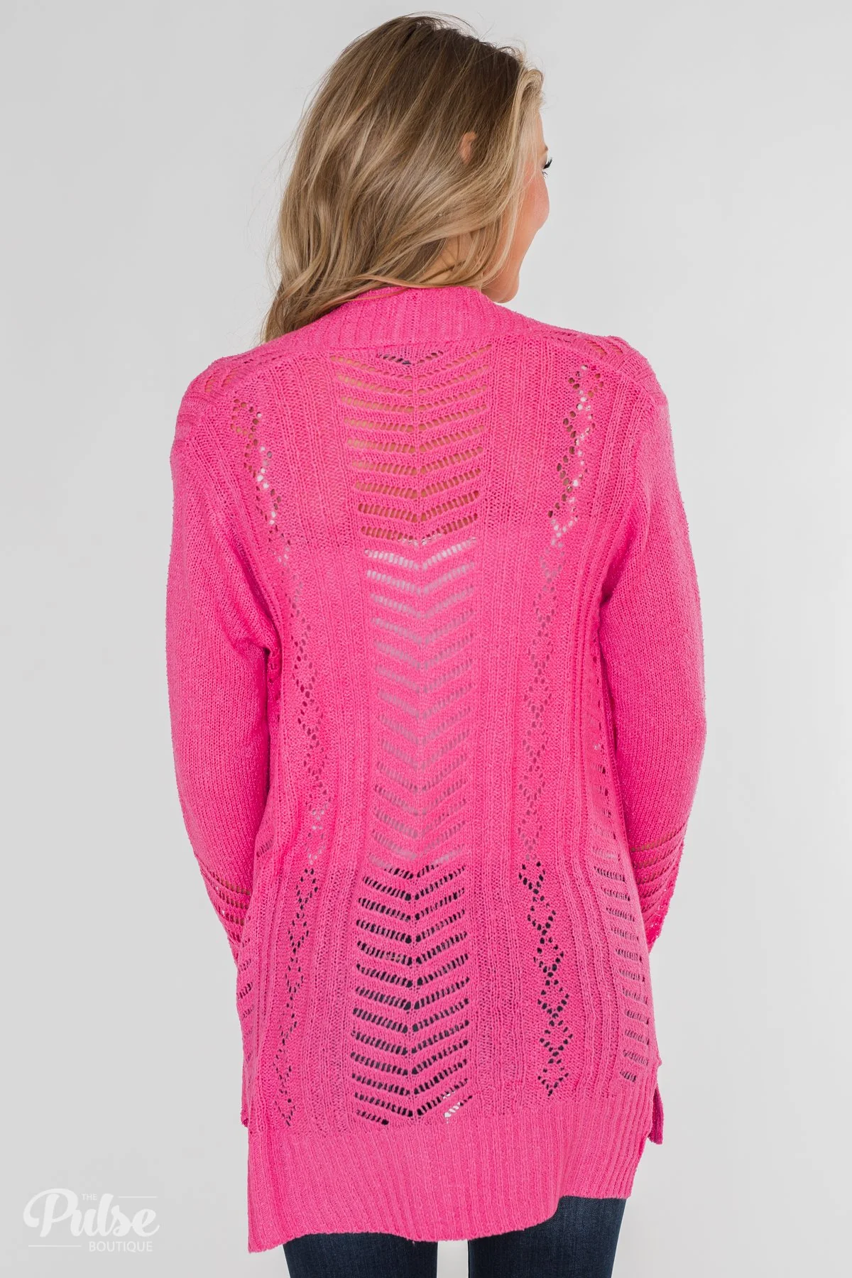 Open Front Pointelle Cardigan- Hot Pink - Image 12