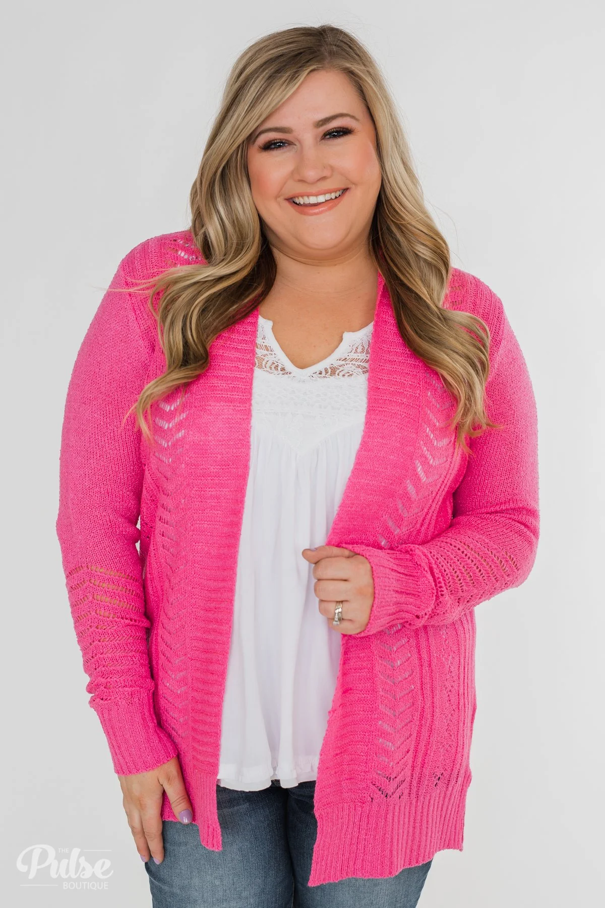 Open Front Pointelle Cardigan- Hot Pink - Image 5