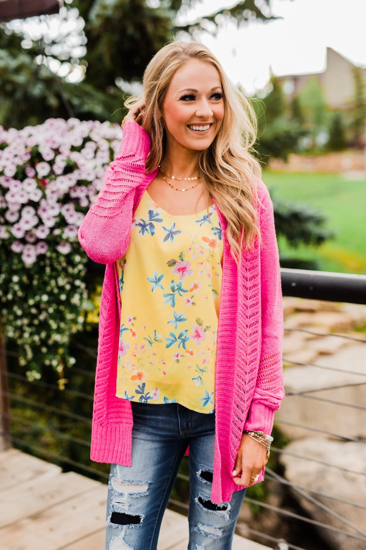 Open Front Pointelle Cardigan- Pink - Image 6