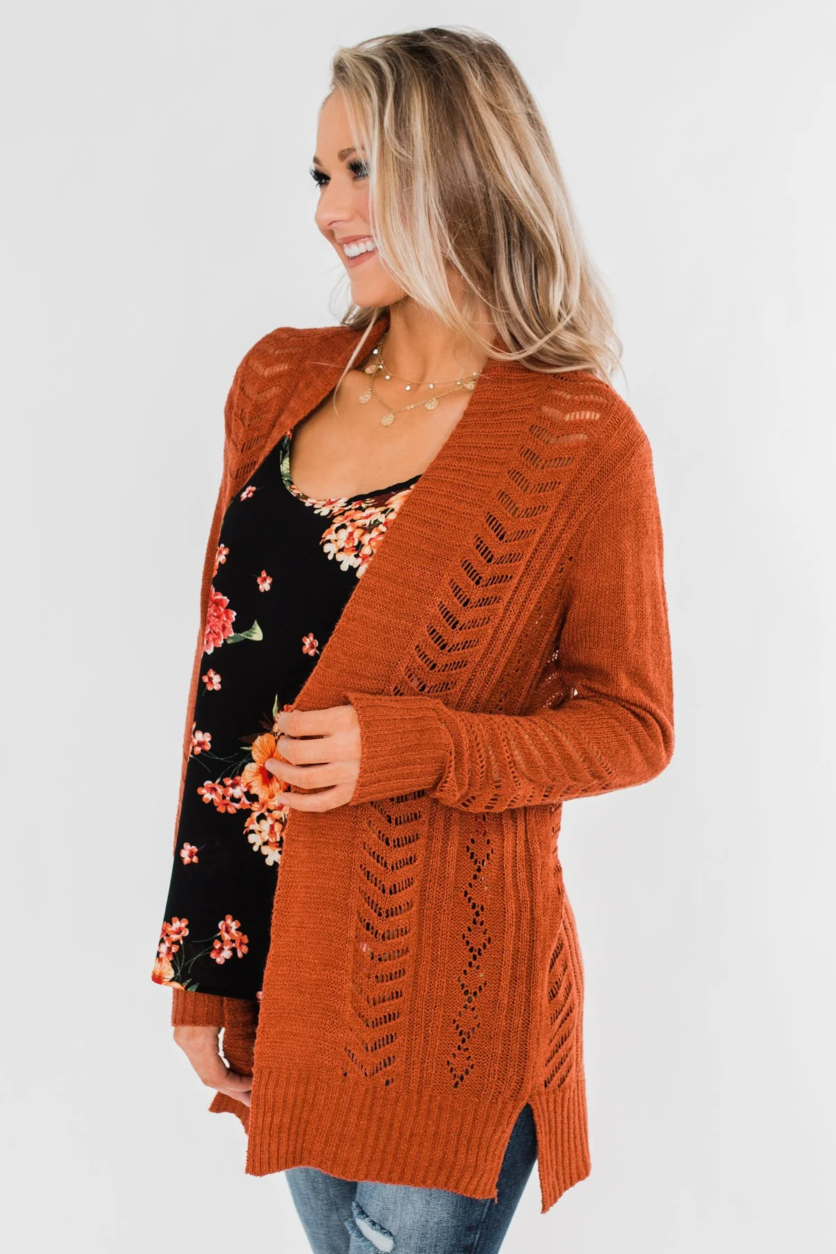 Open Front Pointelle Cardigan- Rust - Image 14