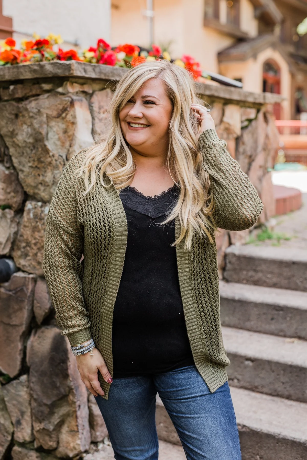 Open Knit Hooded Cardigan- Moss Green - Image 10