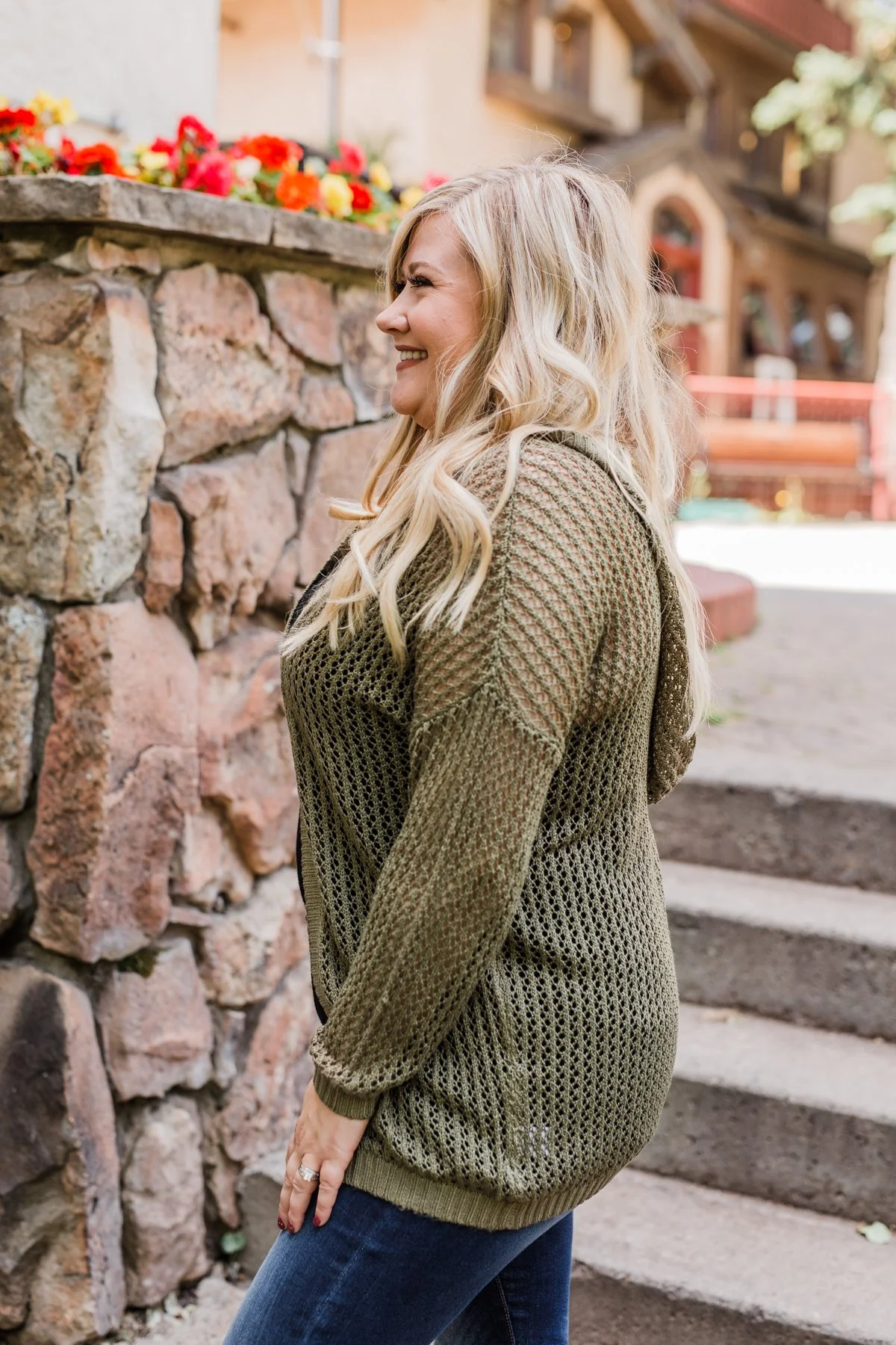 Open Knit Hooded Cardigan- Moss Green - Image 12