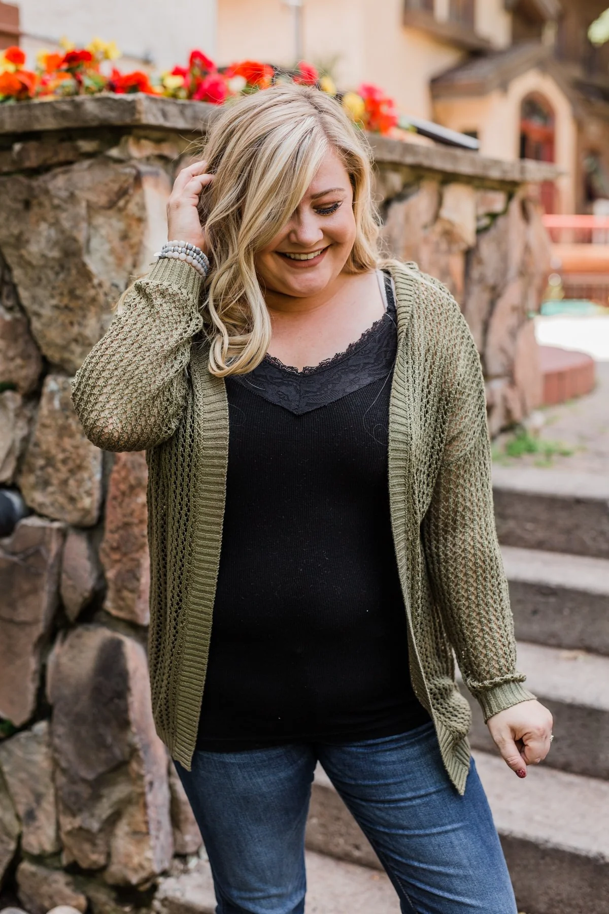 Open Knit Hooded Cardigan- Moss Green - Image 6