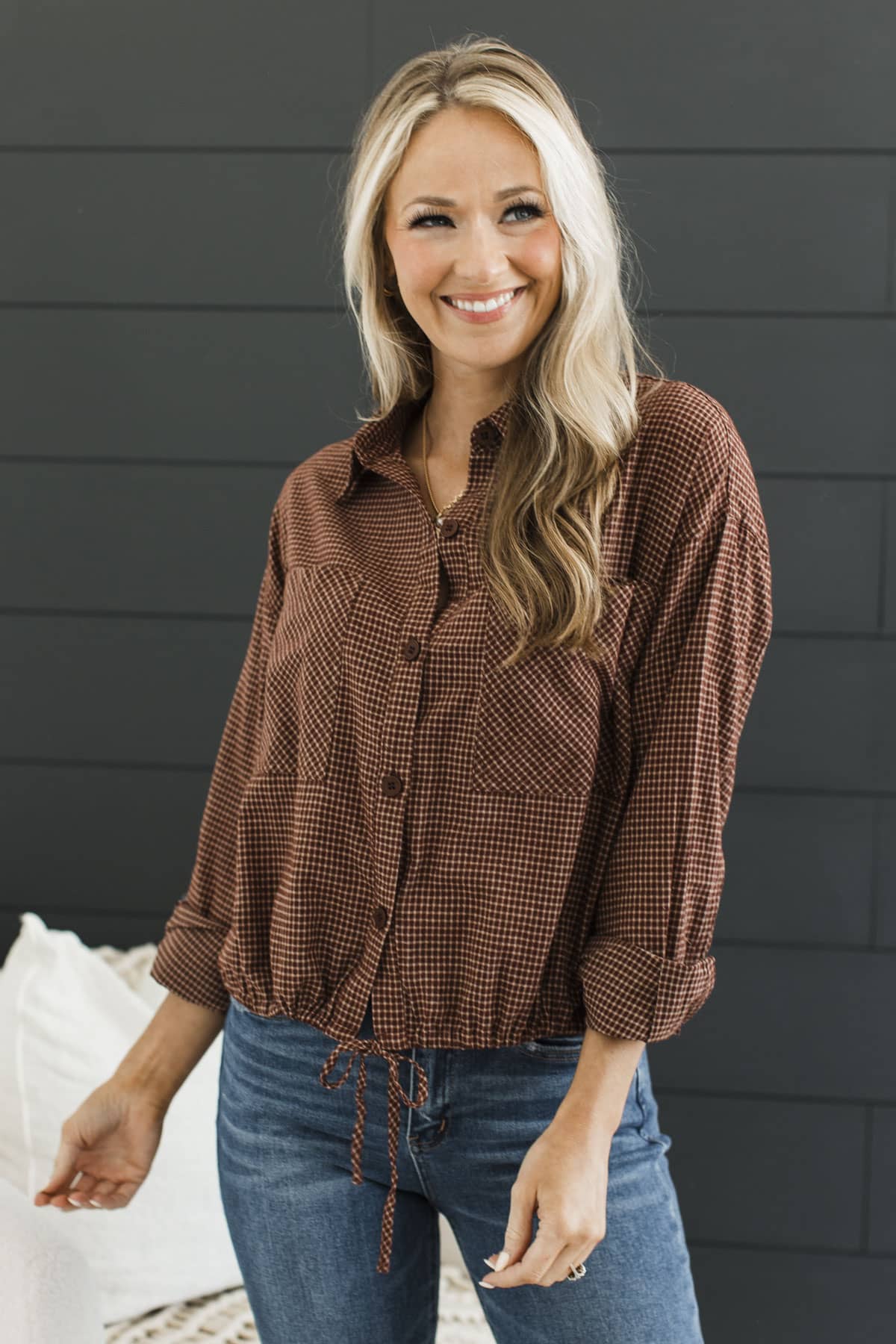 Open Roads Ahead Button Up Plaid Long Sleeve Top- Dark Auburn