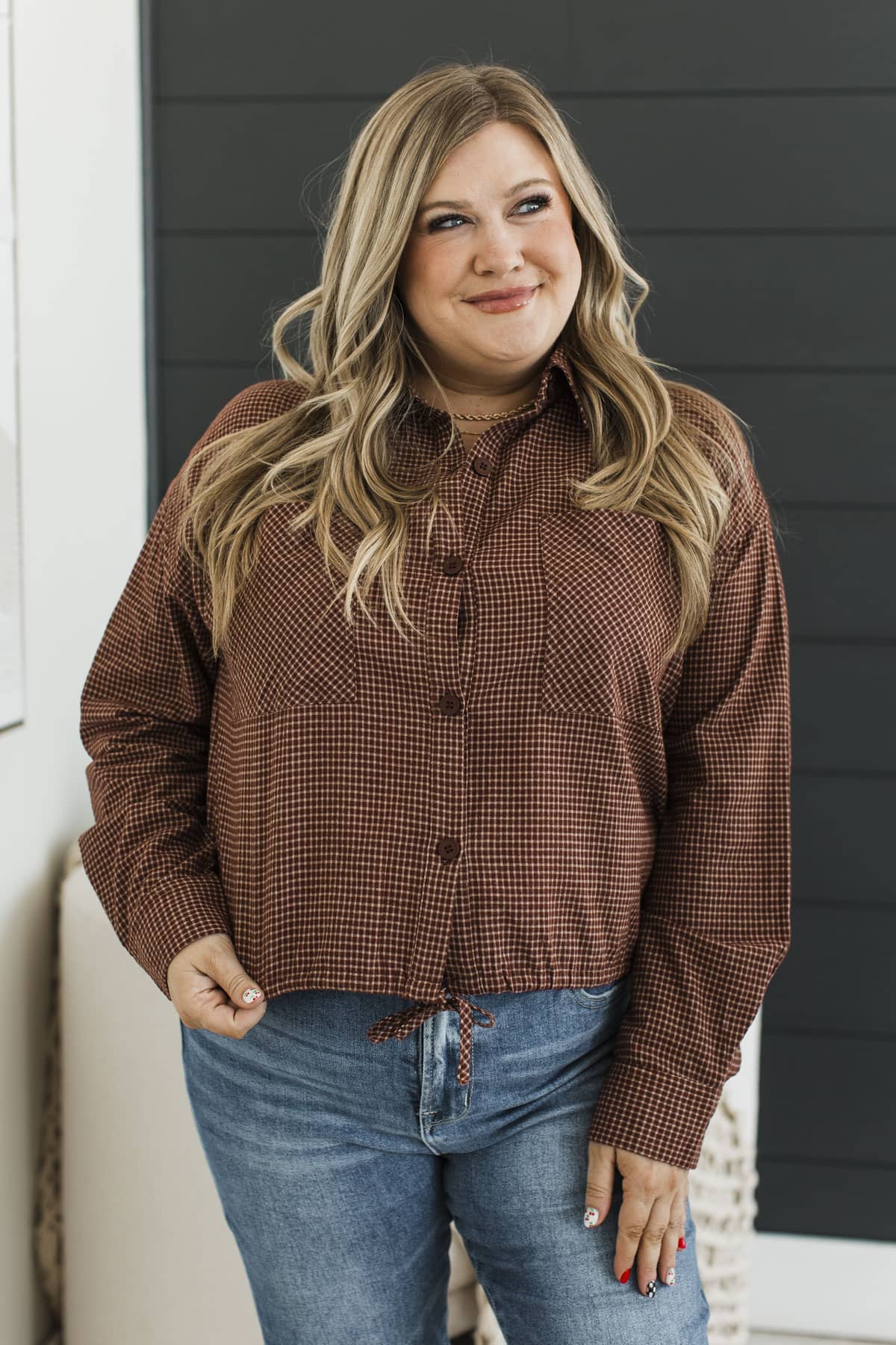 Open Roads Ahead Button Up Plaid Long Sleeve Top- Dark Auburn - Image 2