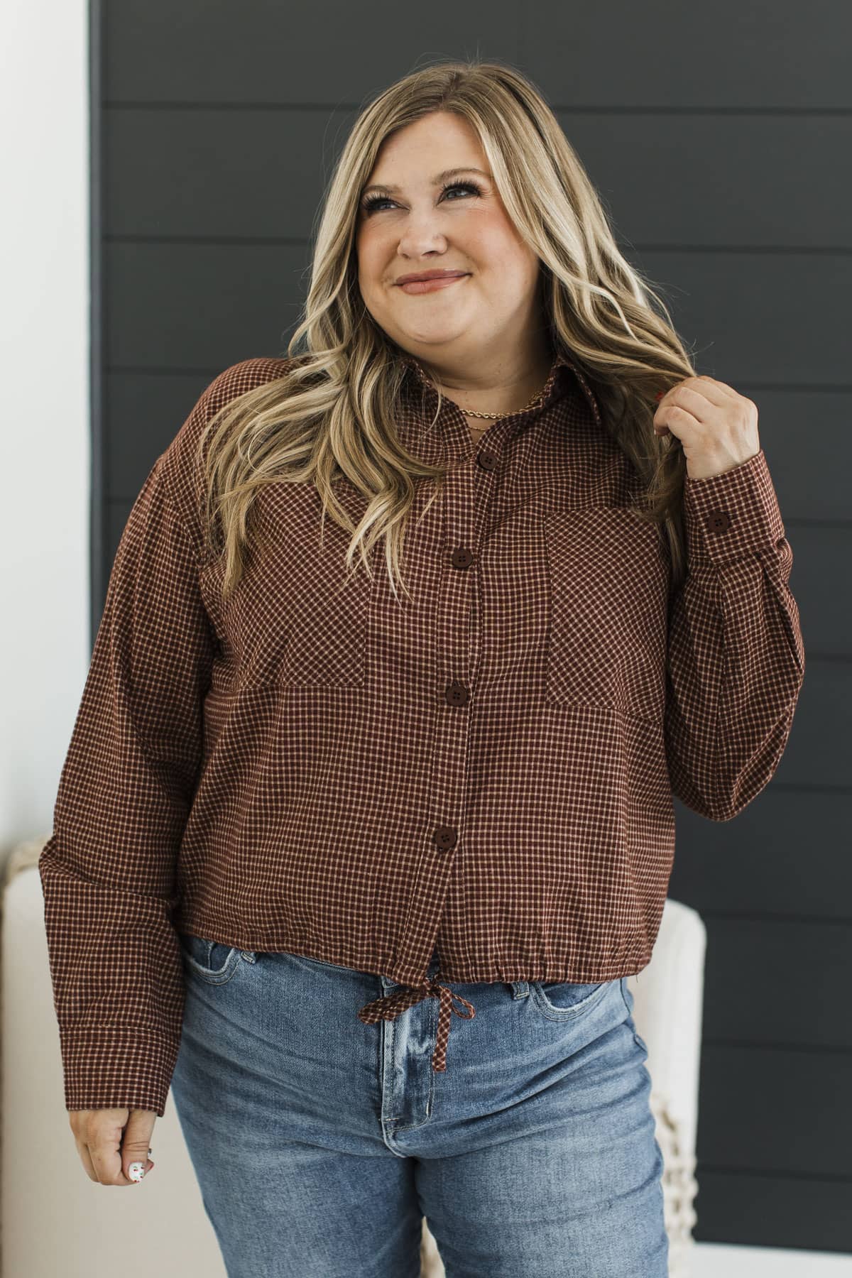 Open Roads Ahead Button Up Plaid Long Sleeve Top- Dark Auburn - Image 4