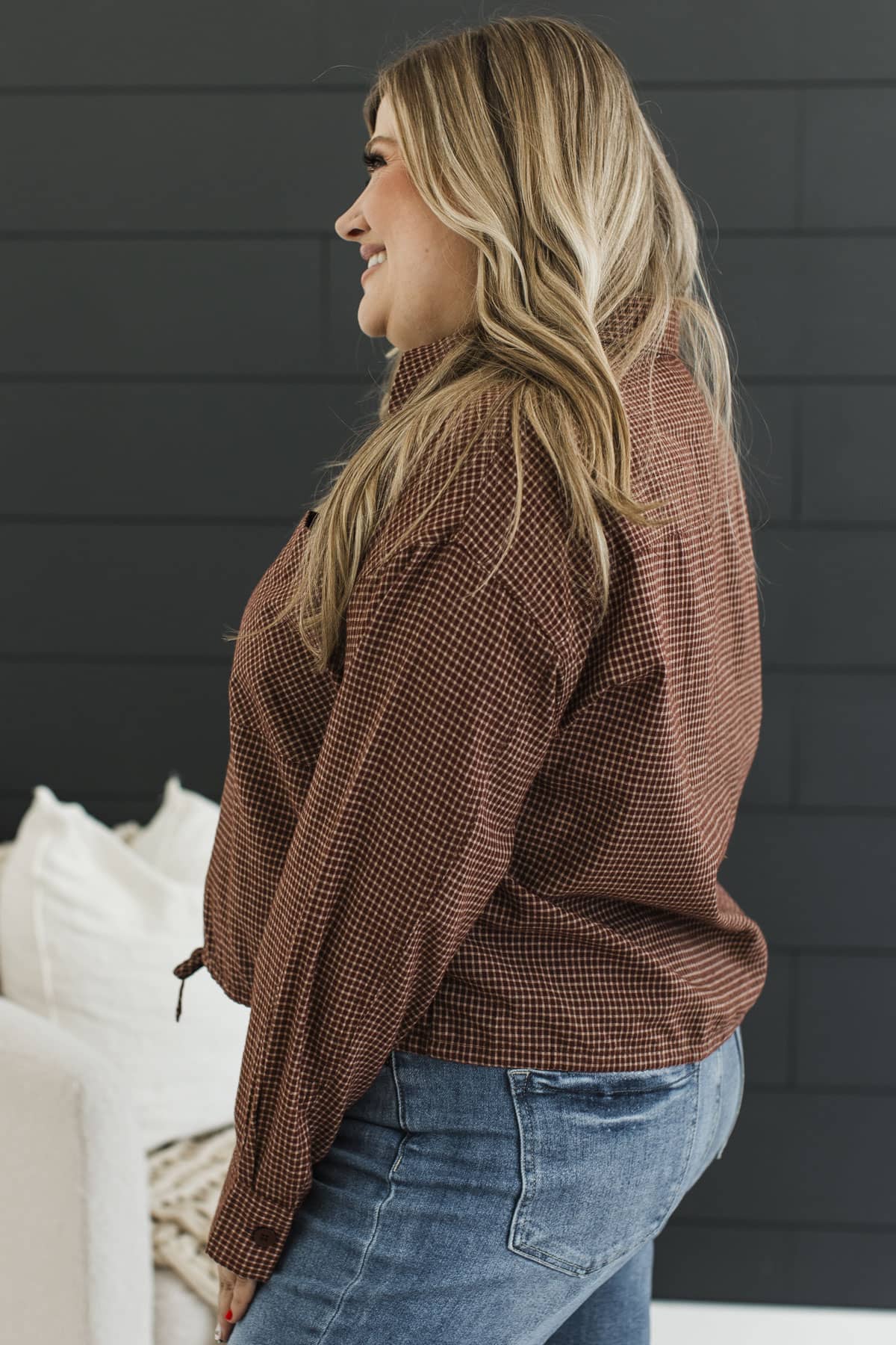 Open Roads Ahead Button Up Plaid Long Sleeve Top- Dark Auburn - Image 6