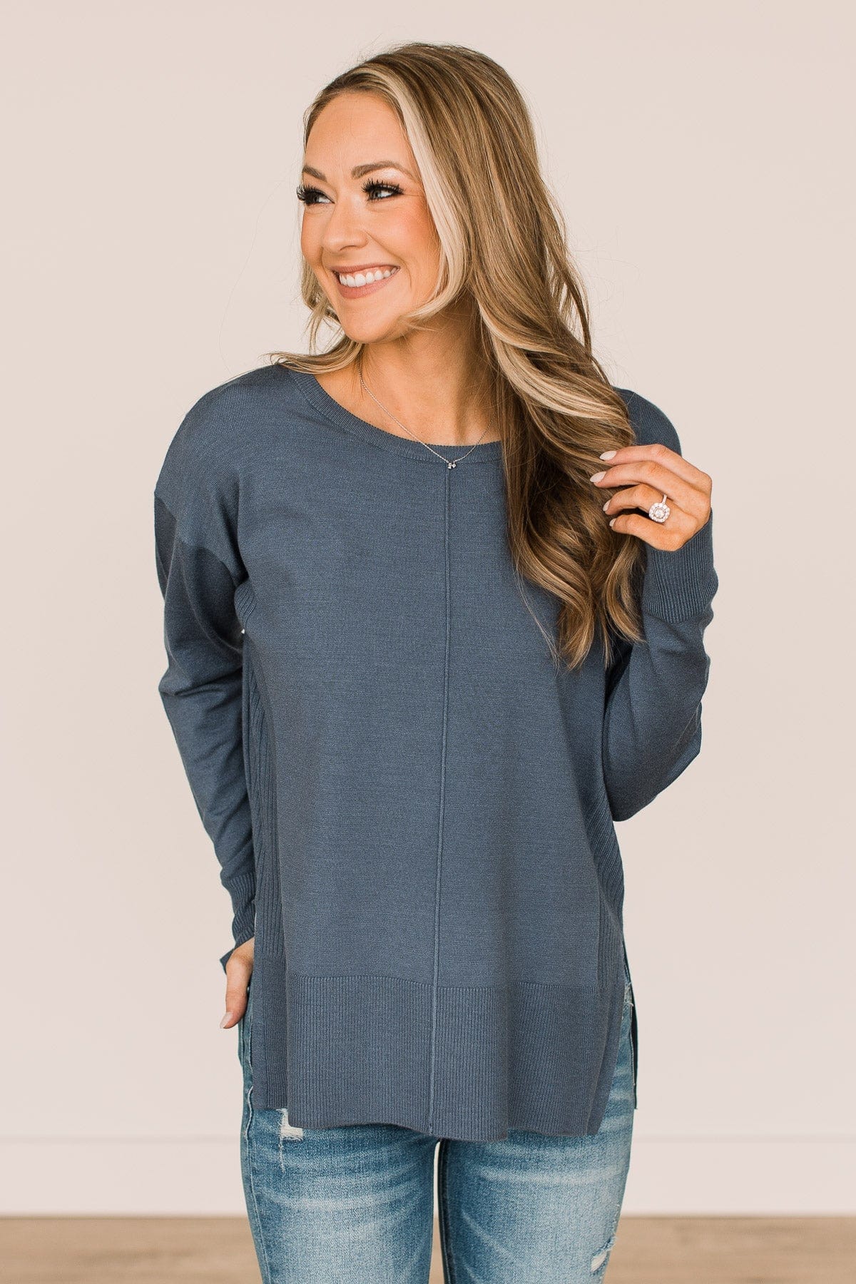 Open To Love Lightweight Knit Sweater- Denim Blue - Image 3