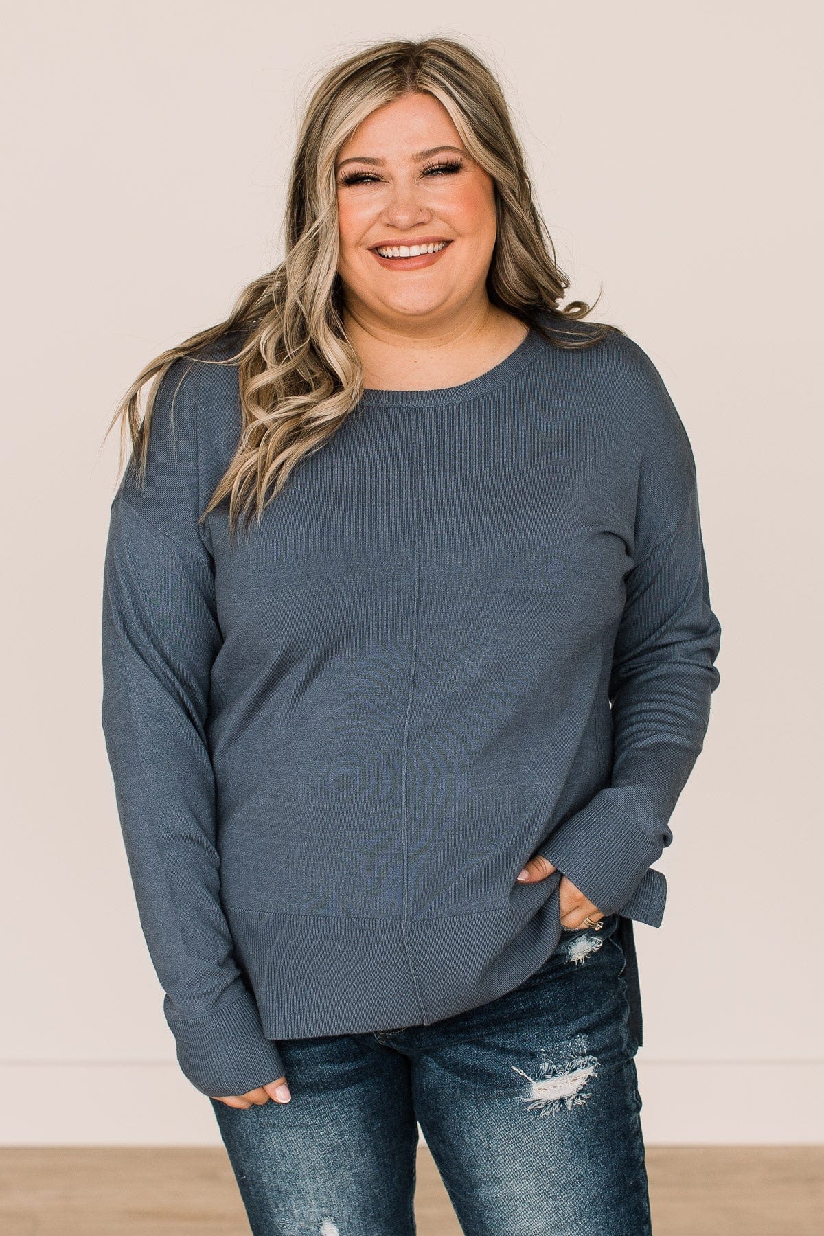 Open To Love Lightweight Knit Sweater- Denim Blue - Image 4