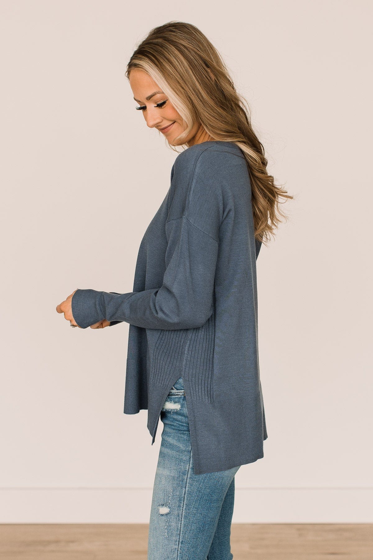 Open To Love Lightweight Knit Sweater- Denim Blue - Image 5