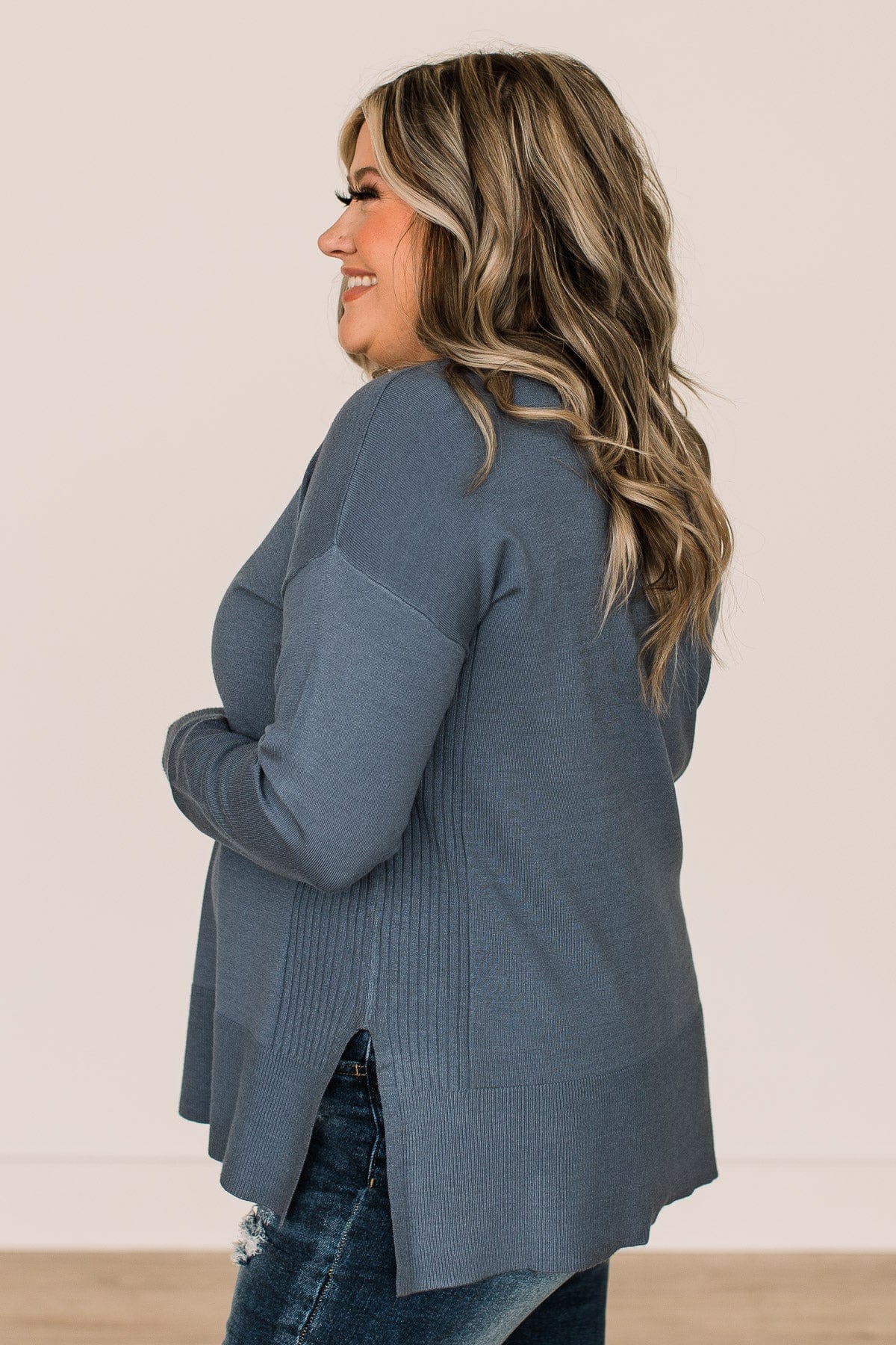 Open To Love Lightweight Knit Sweater- Denim Blue - Image 6