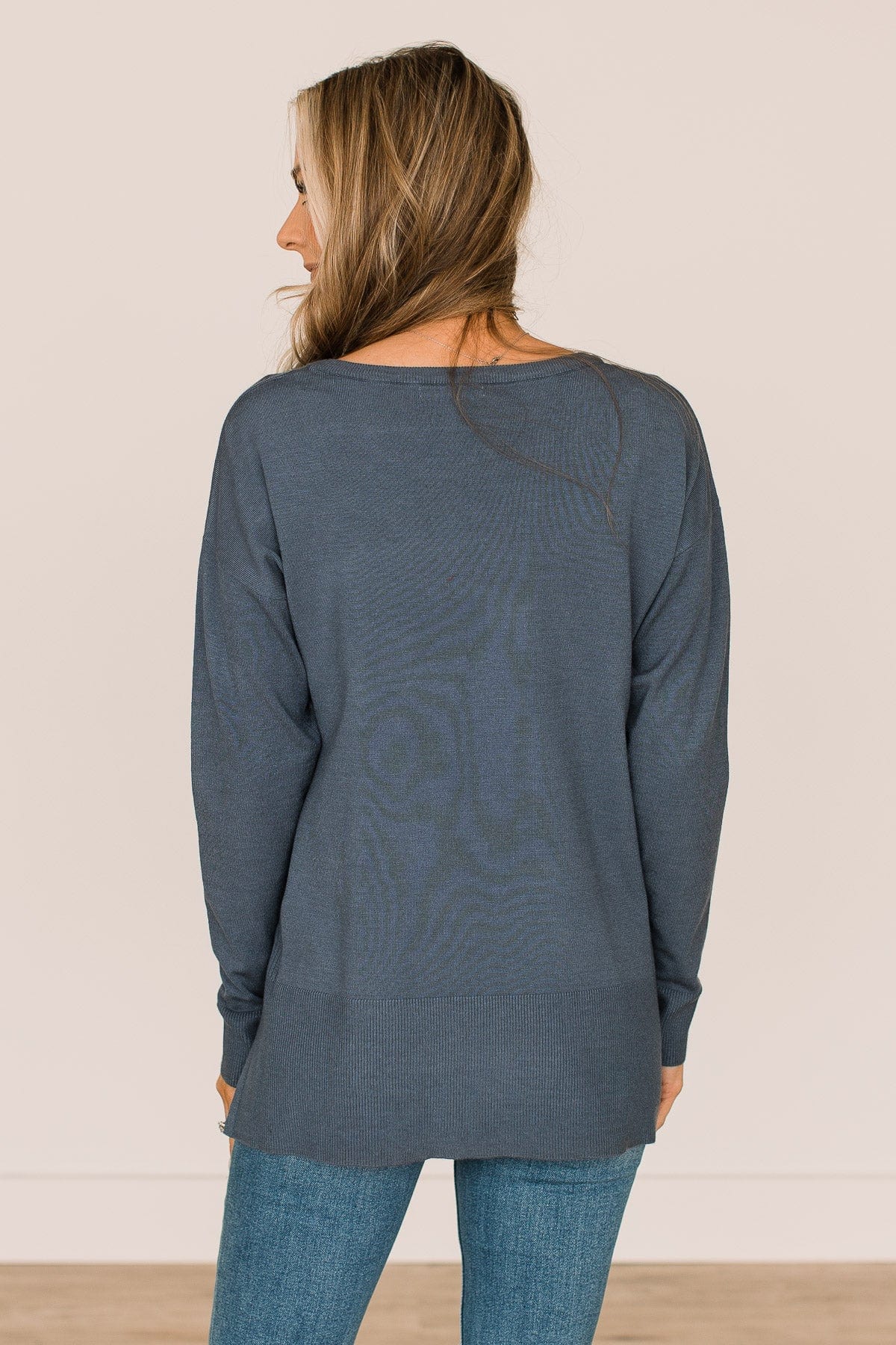 Open To Love Lightweight Knit Sweater- Denim Blue - Image 7