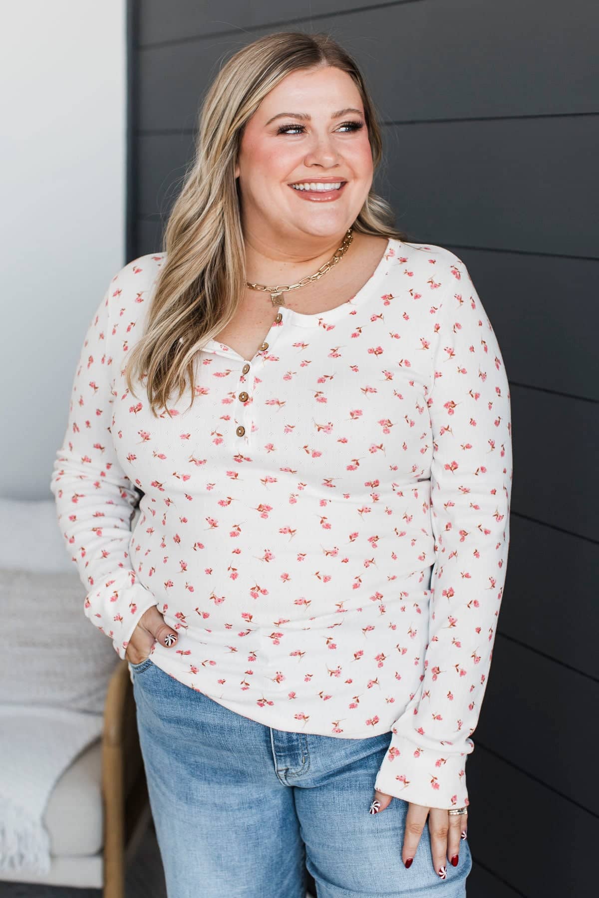 Open Your Heart Floral Henley Top- Ivory & Pink - Image 3