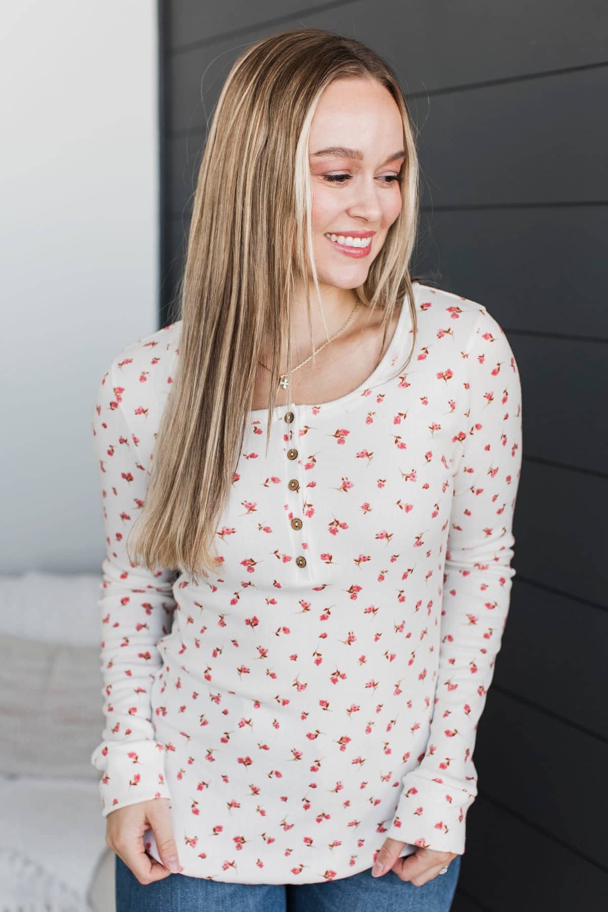 Open Your Heart Floral Henley Top- Ivory & Pink - Image 4