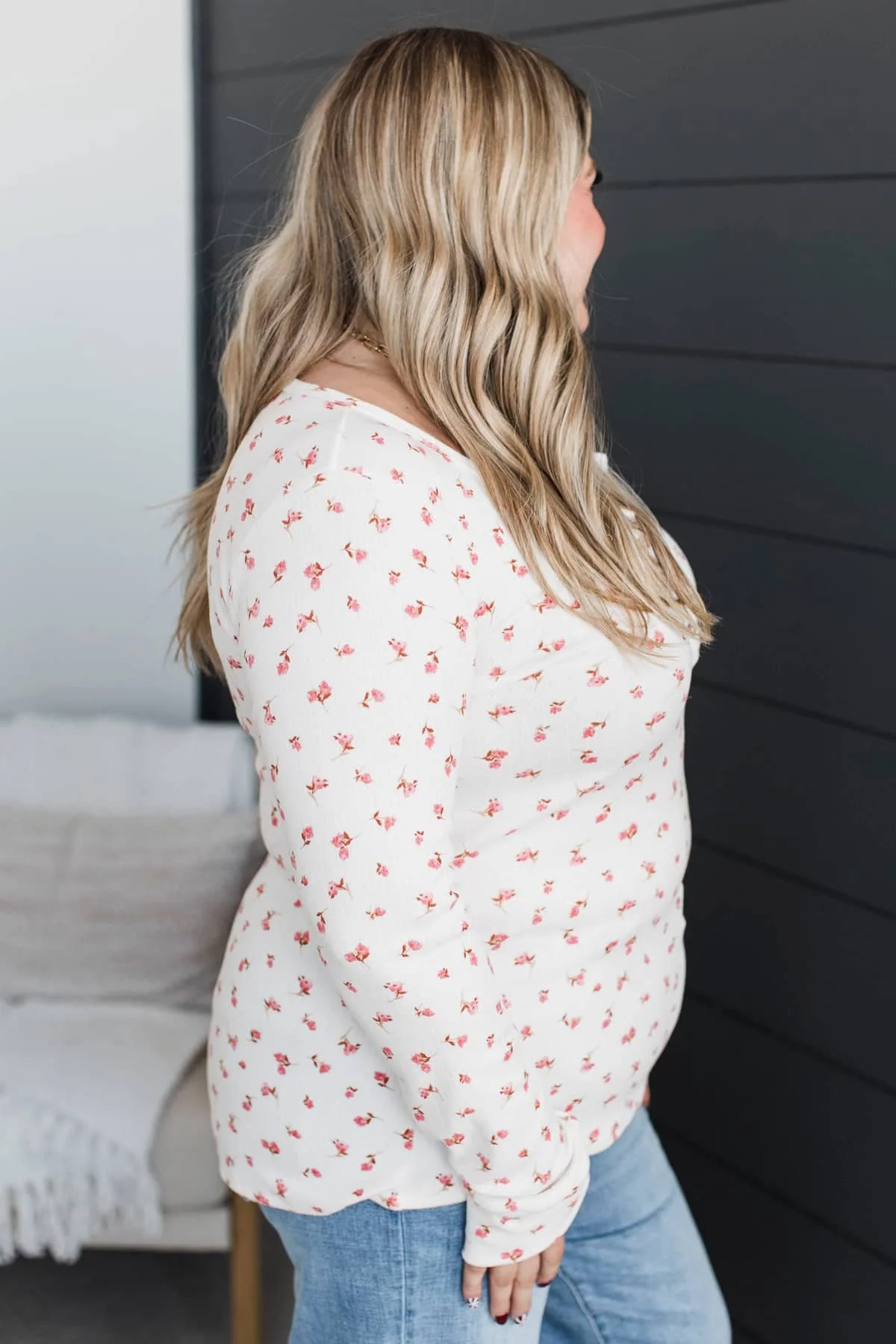 Open Your Heart Floral Henley Top- Ivory & Pink - Image 5