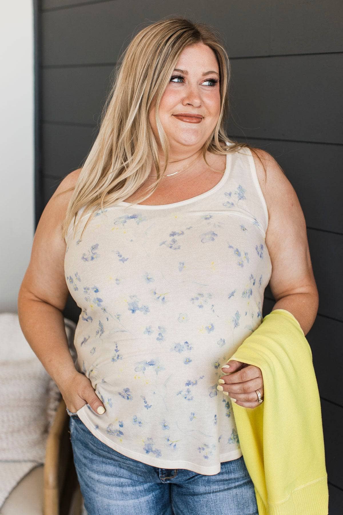 Opening Doors Floral Tank Top- Ivory & Blue - Image 3
