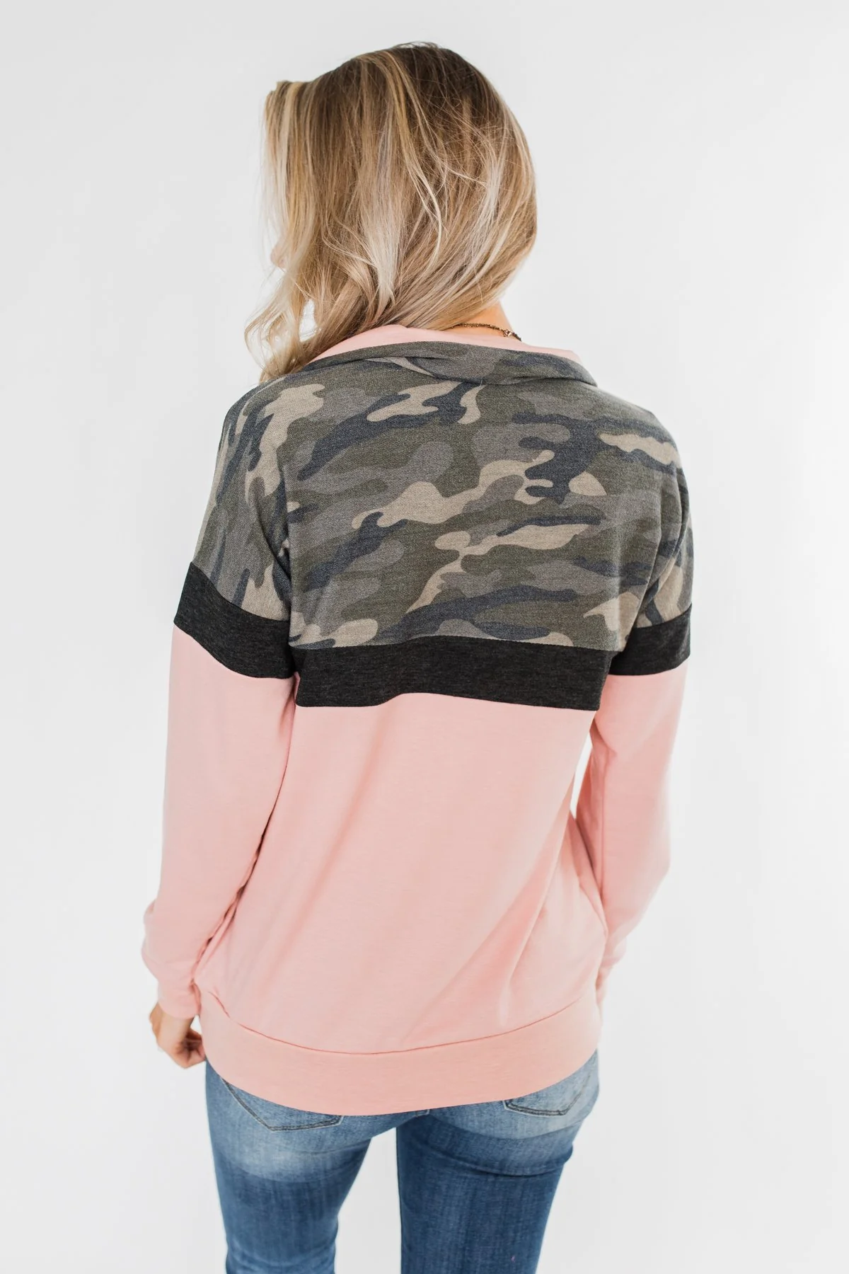 Our Little Secret Quarter Zip Pullover- Camo & Blush - Image 9