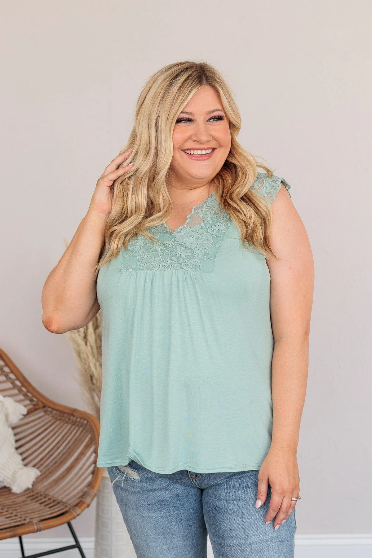 Out For The Day Lace Tank- Sage - Image 2