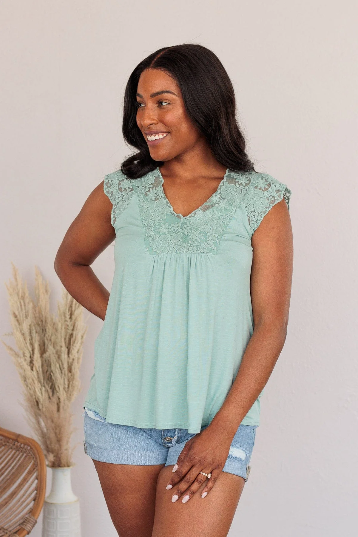 Out For The Day Lace Tank- Sage - Image 3