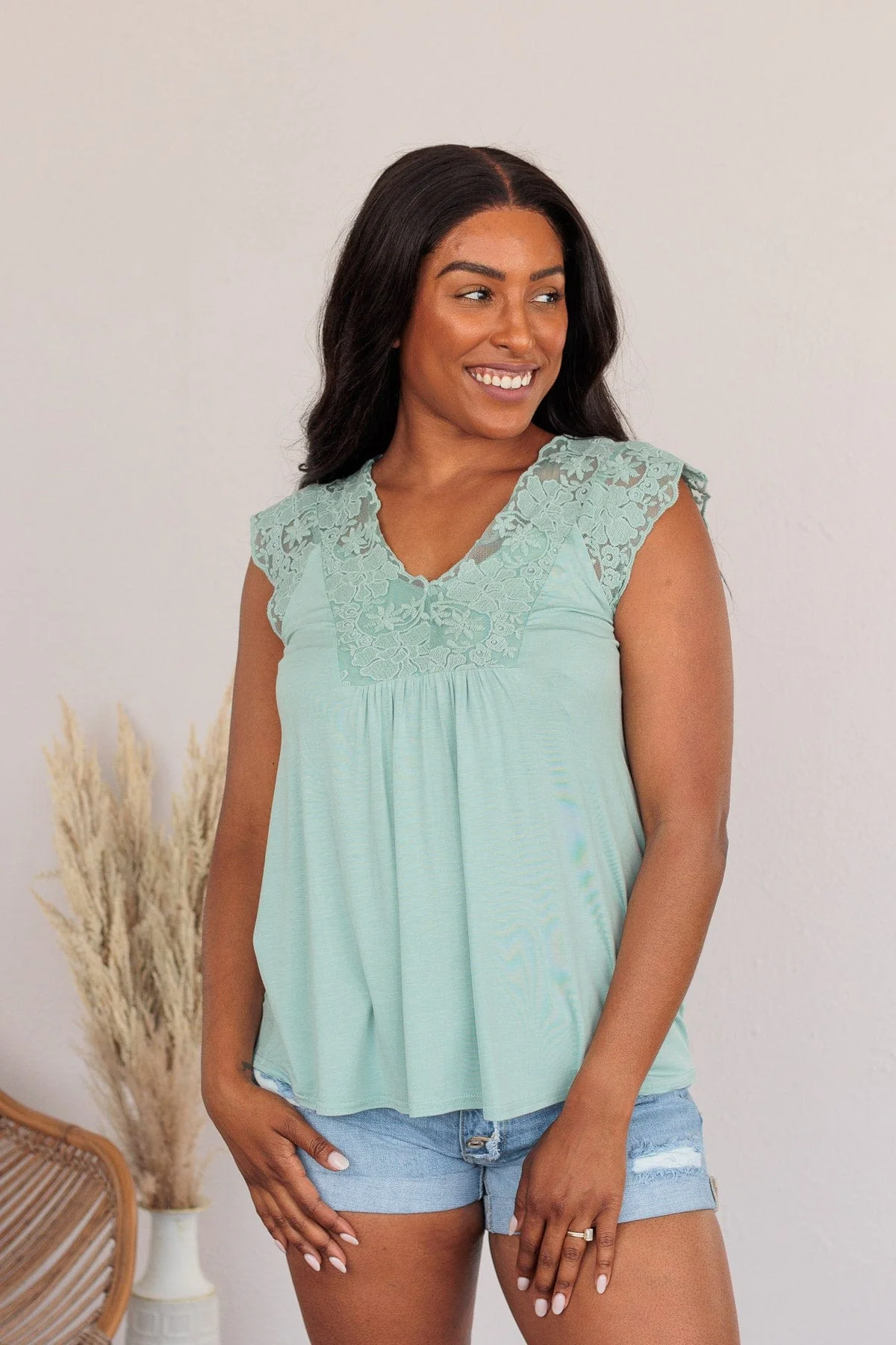 Out For The Day Lace Tank- Sage - Image 6