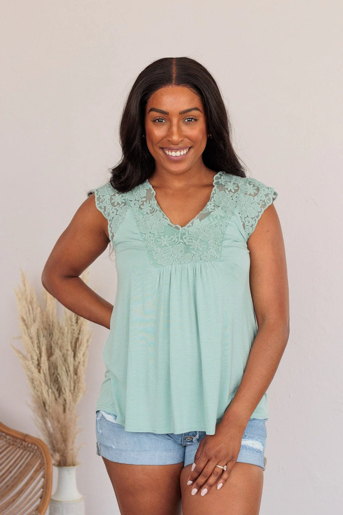 Out For The Day Lace Tank- Sage - Image 7