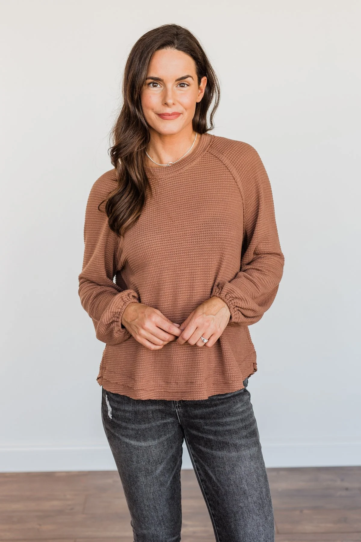 Out Of The Woods Waffle Knit Long Sleeve Top- Brown - Image 11