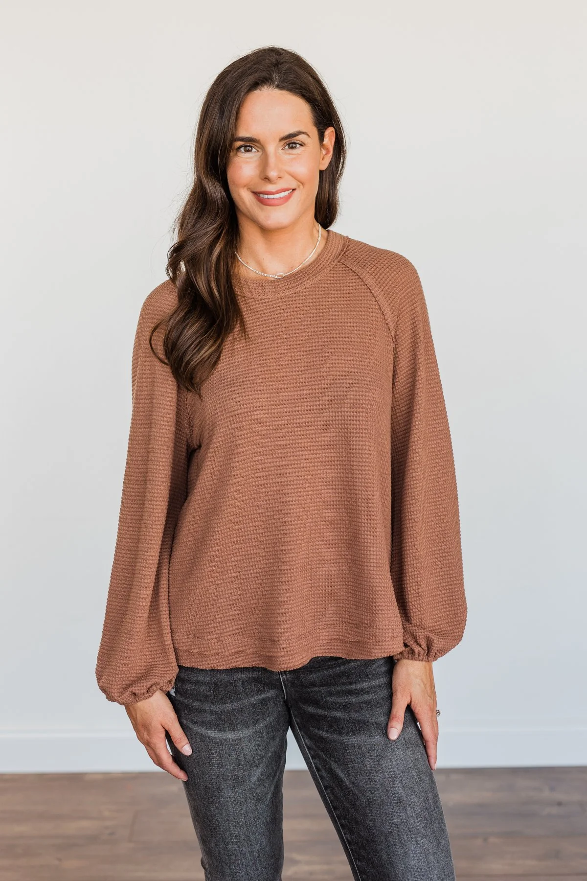 Out Of The Woods Waffle Knit Long Sleeve Top- Brown - Image 3
