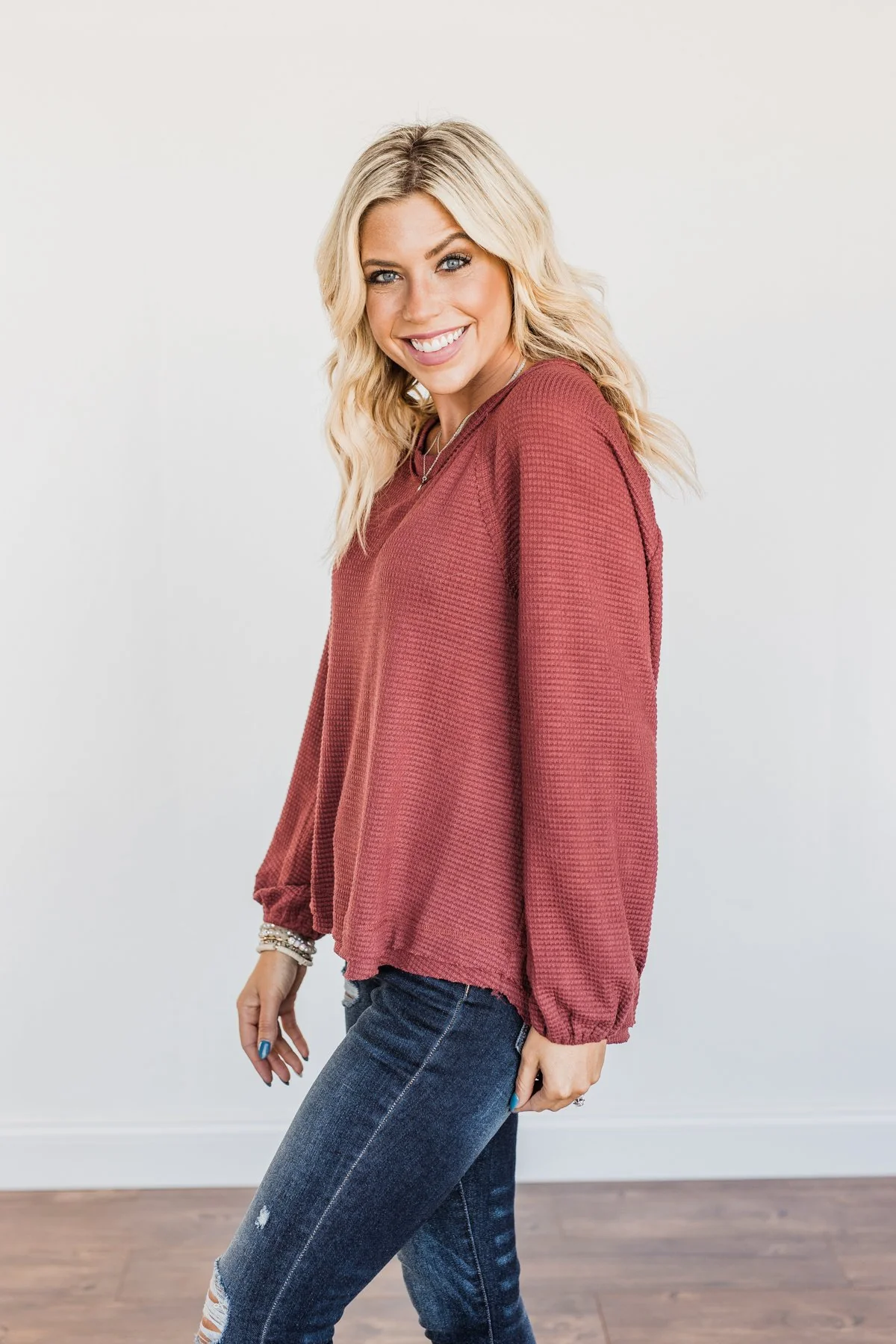 Out Of The Woods Waffle Knit Long Sleeve Top- Burgundy - Image 11