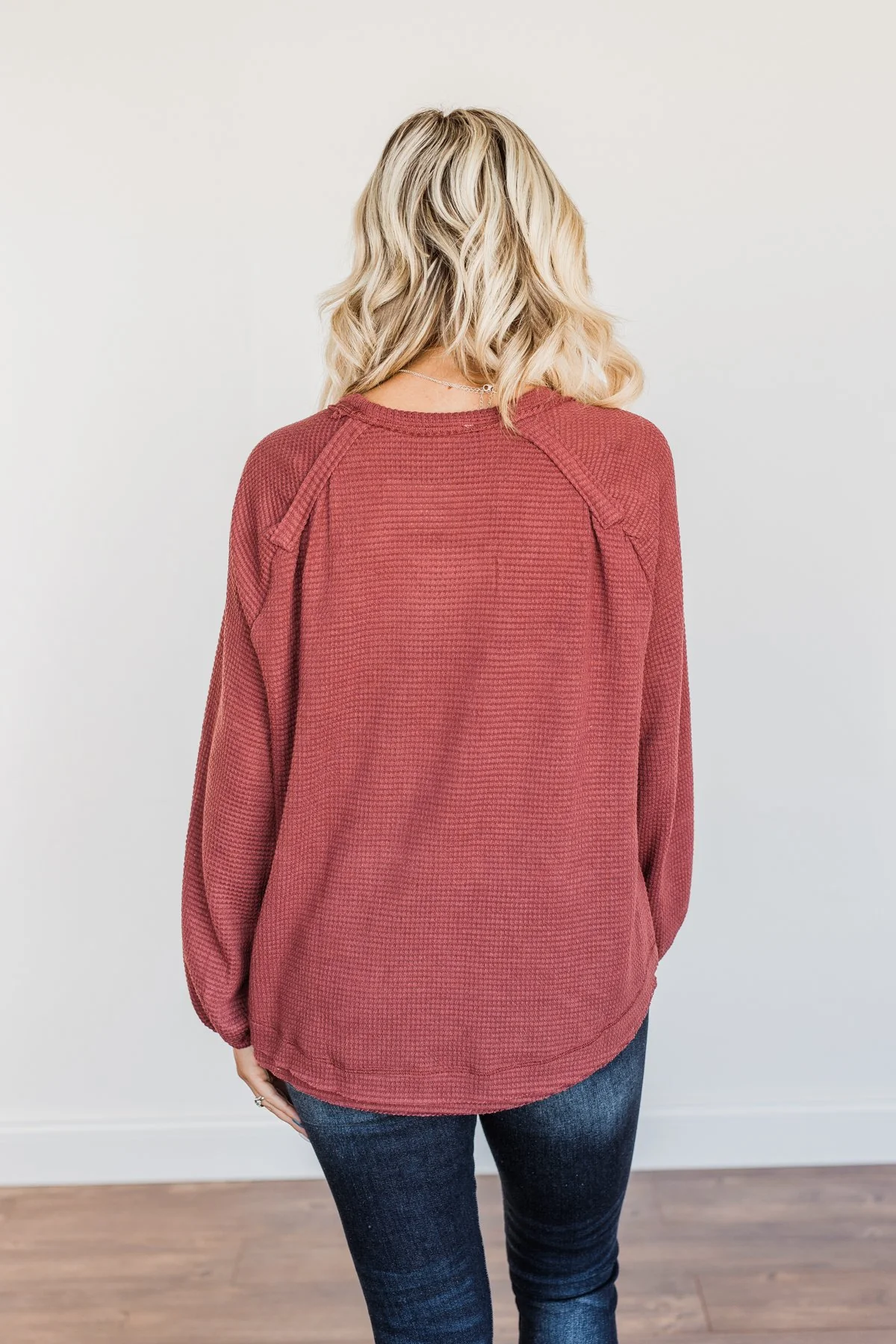 Out Of The Woods Waffle Knit Long Sleeve Top- Burgundy - Image 13