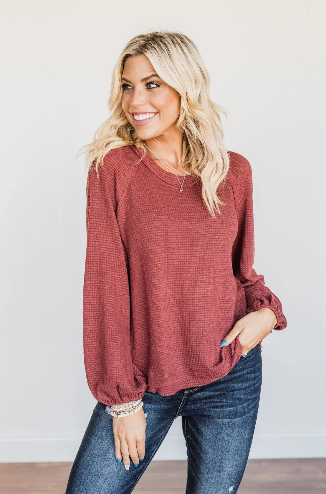 Out Of The Woods Waffle Knit Long Sleeve Top- Burgundy - Image 4