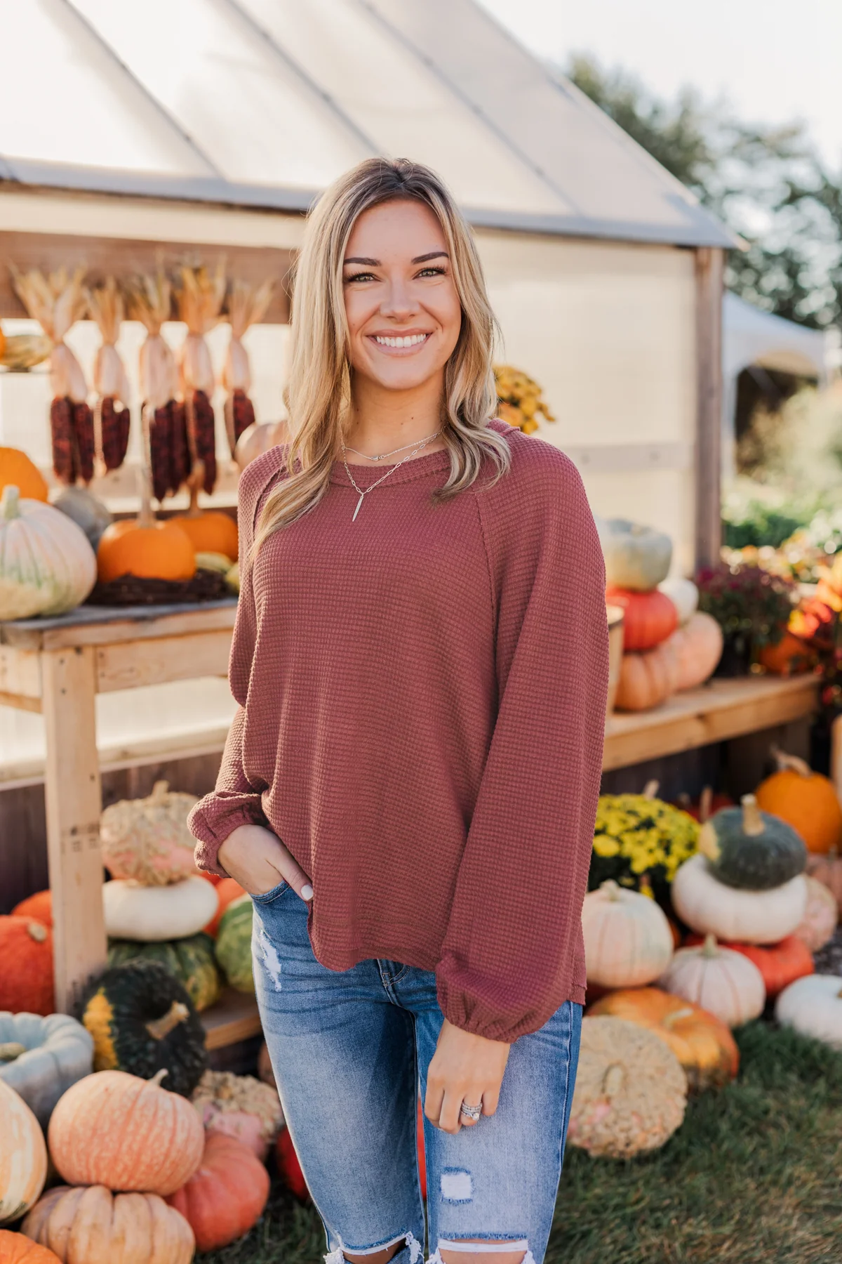 Out Of The Woods Waffle Knit Long Sleeve Top- Burgundy - Image 5