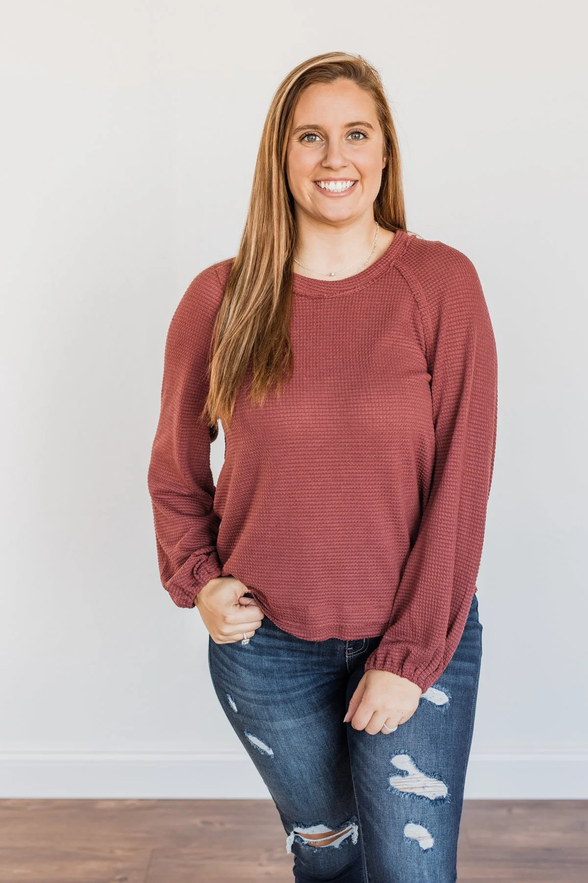 Out Of The Woods Waffle Knit Long Sleeve Top- Burgundy - Image 6