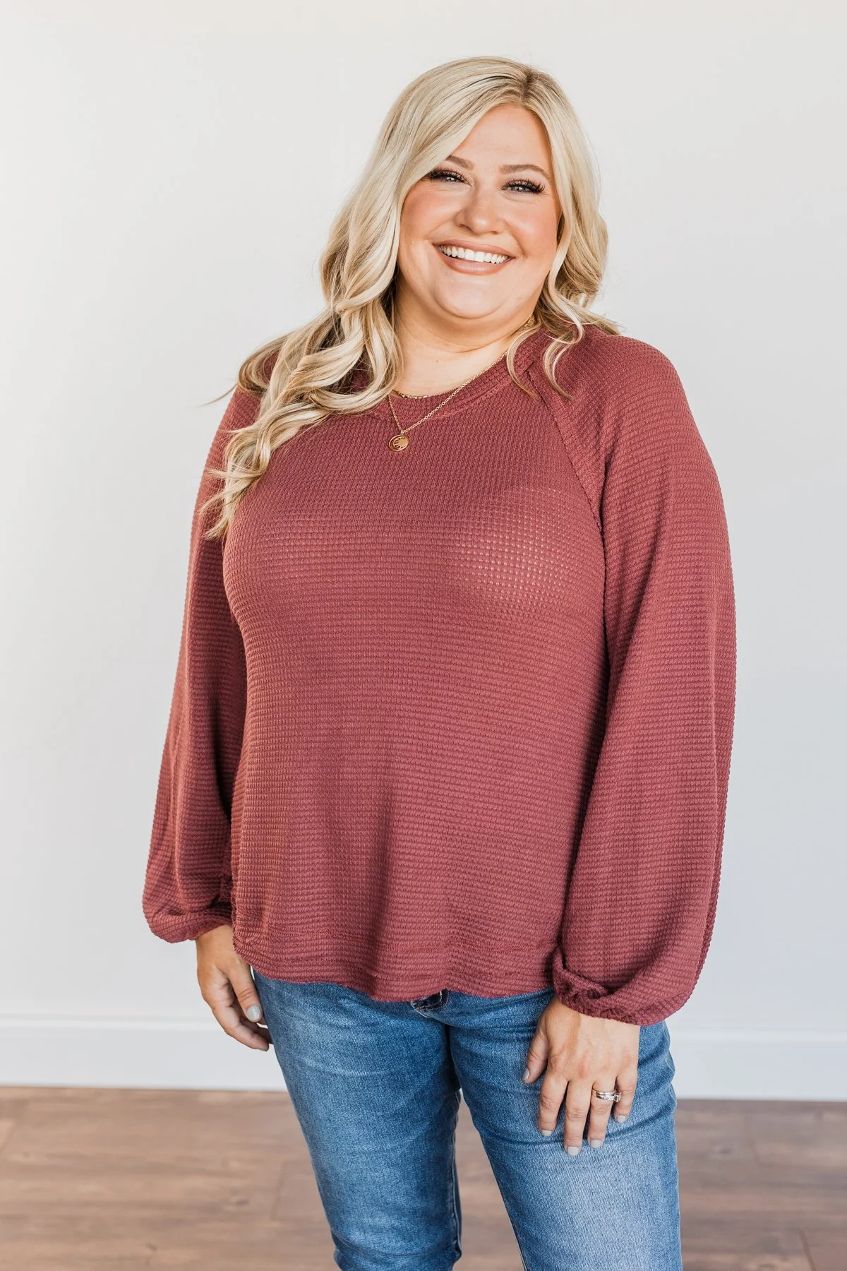 Out Of The Woods Waffle Knit Long Sleeve Top- Burgundy - Image 7