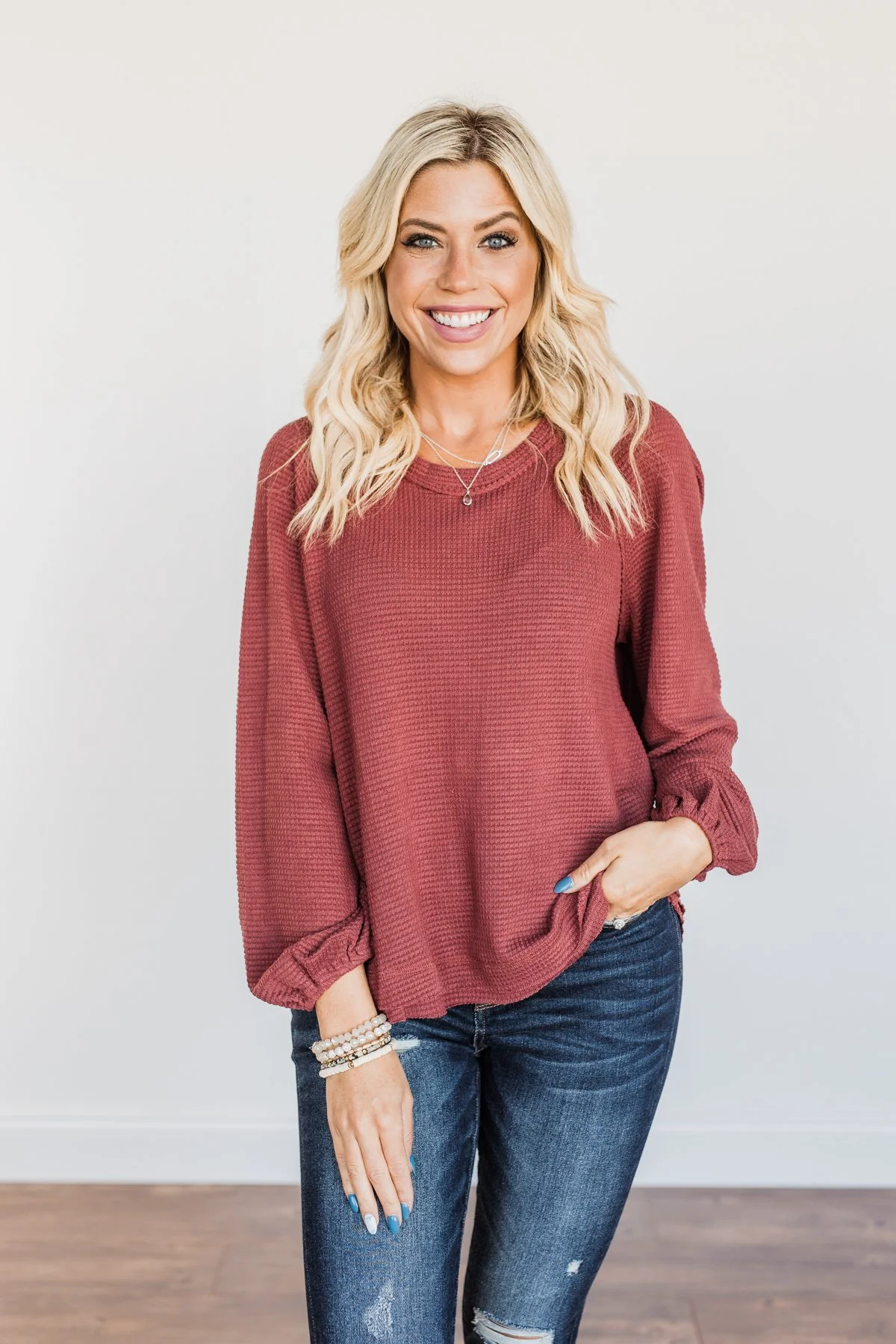 Out Of The Woods Waffle Knit Long Sleeve Top- Burgundy - Image 8