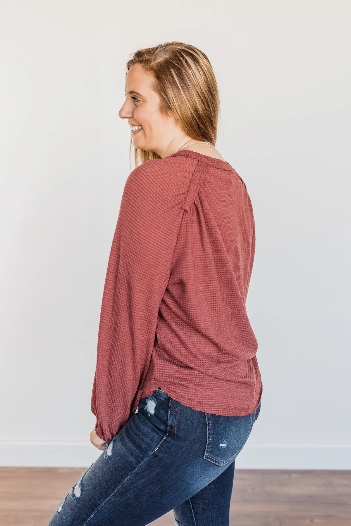 Out Of The Woods Waffle Knit Long Sleeve Top- Burgundy - Image 9