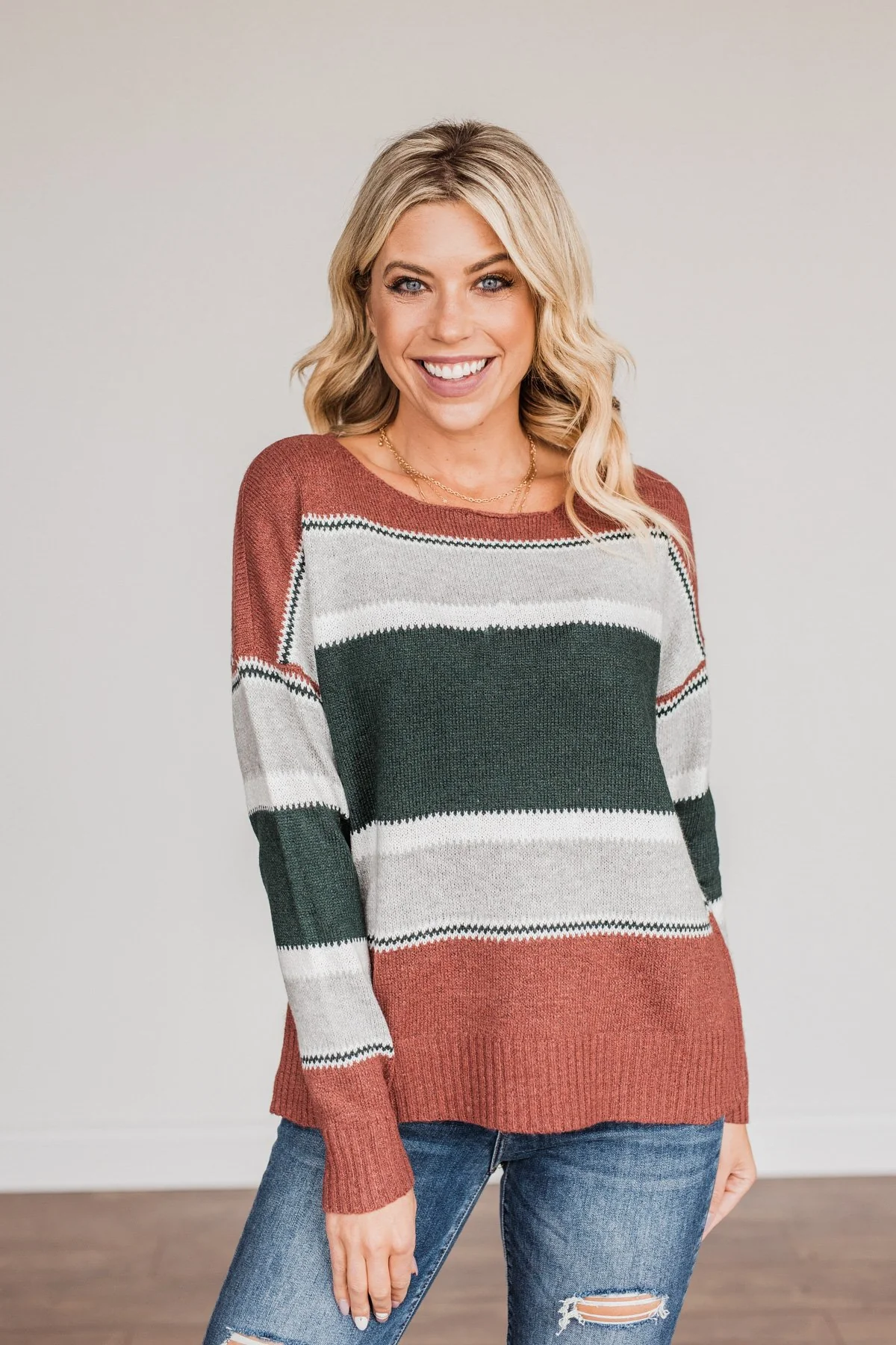 Outdoor Wonderland Striped Sweater- Rust & Hunter Green - Image 3