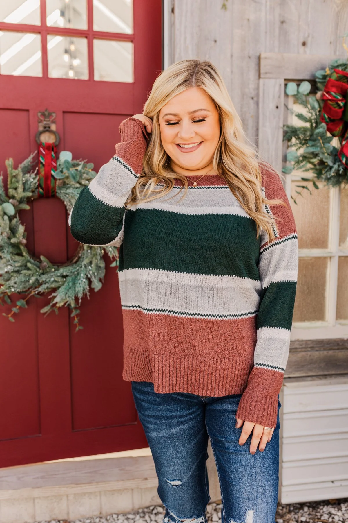 Outdoor Wonderland Striped Sweater- Rust & Hunter Green - Image 4