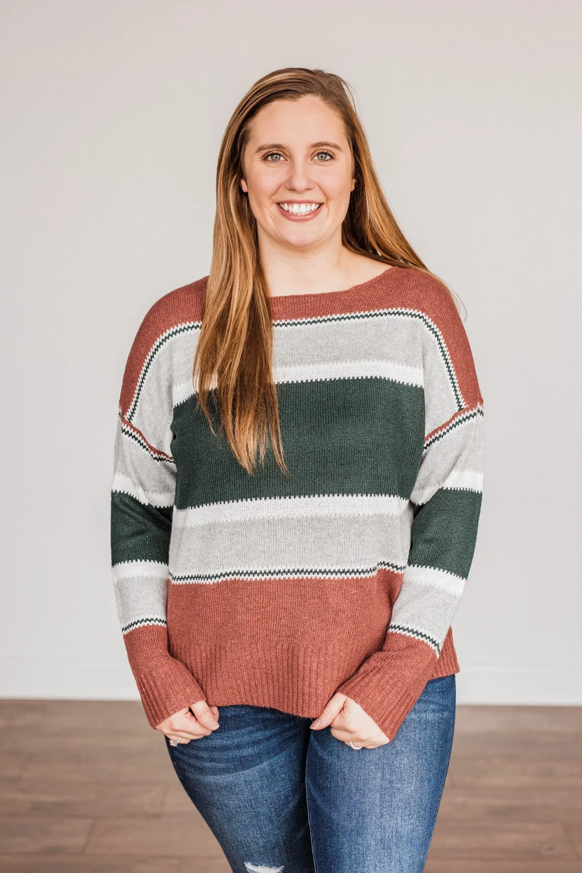 Outdoor Wonderland Striped Sweater- Rust & Hunter Green - Image 5