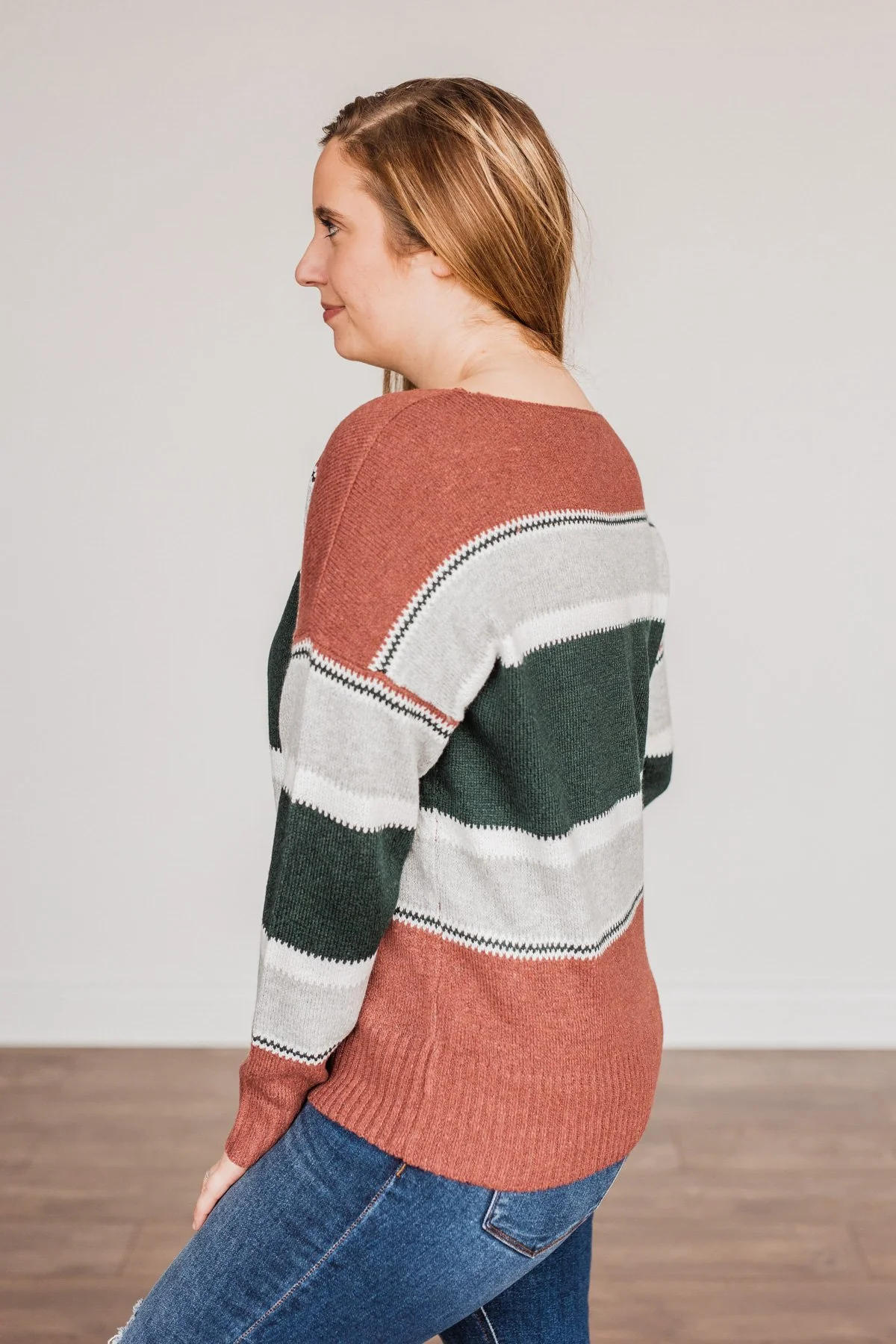 Outdoor Wonderland Striped Sweater- Rust & Hunter Green - Image 8