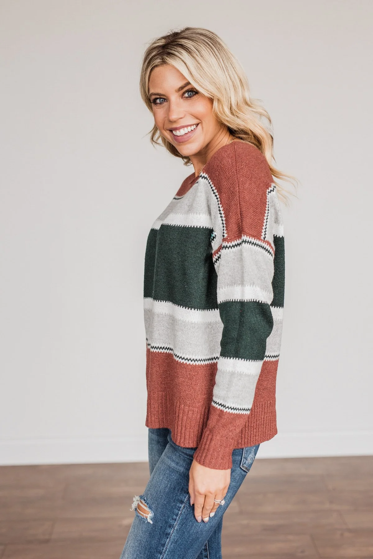 Outdoor Wonderland Striped Sweater- Rust & Hunter Green - Image 9
