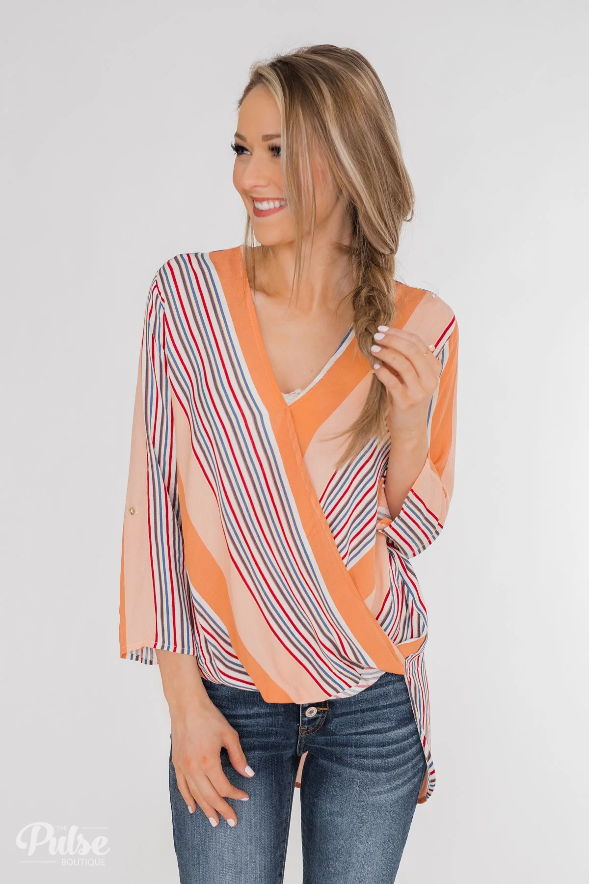 Outstanding Appearance Striped Wrap Top- Peach - Image 6
