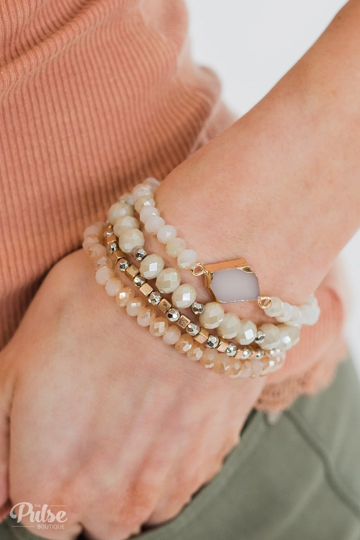 Oval & Stone Bracelet Set- Gold & Ivory - Image 2