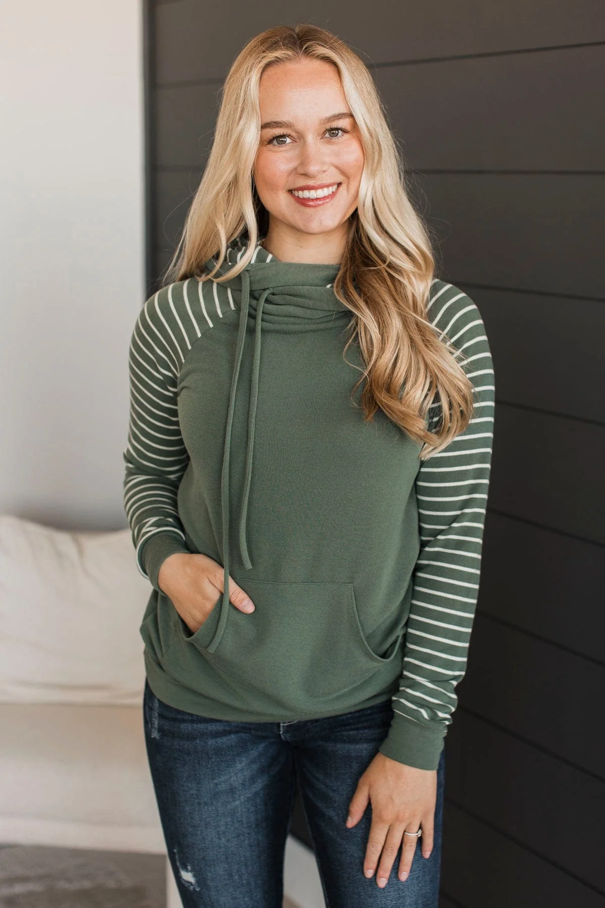 Over Again Cowl Neck Hoodie- Light Olive - Image 3