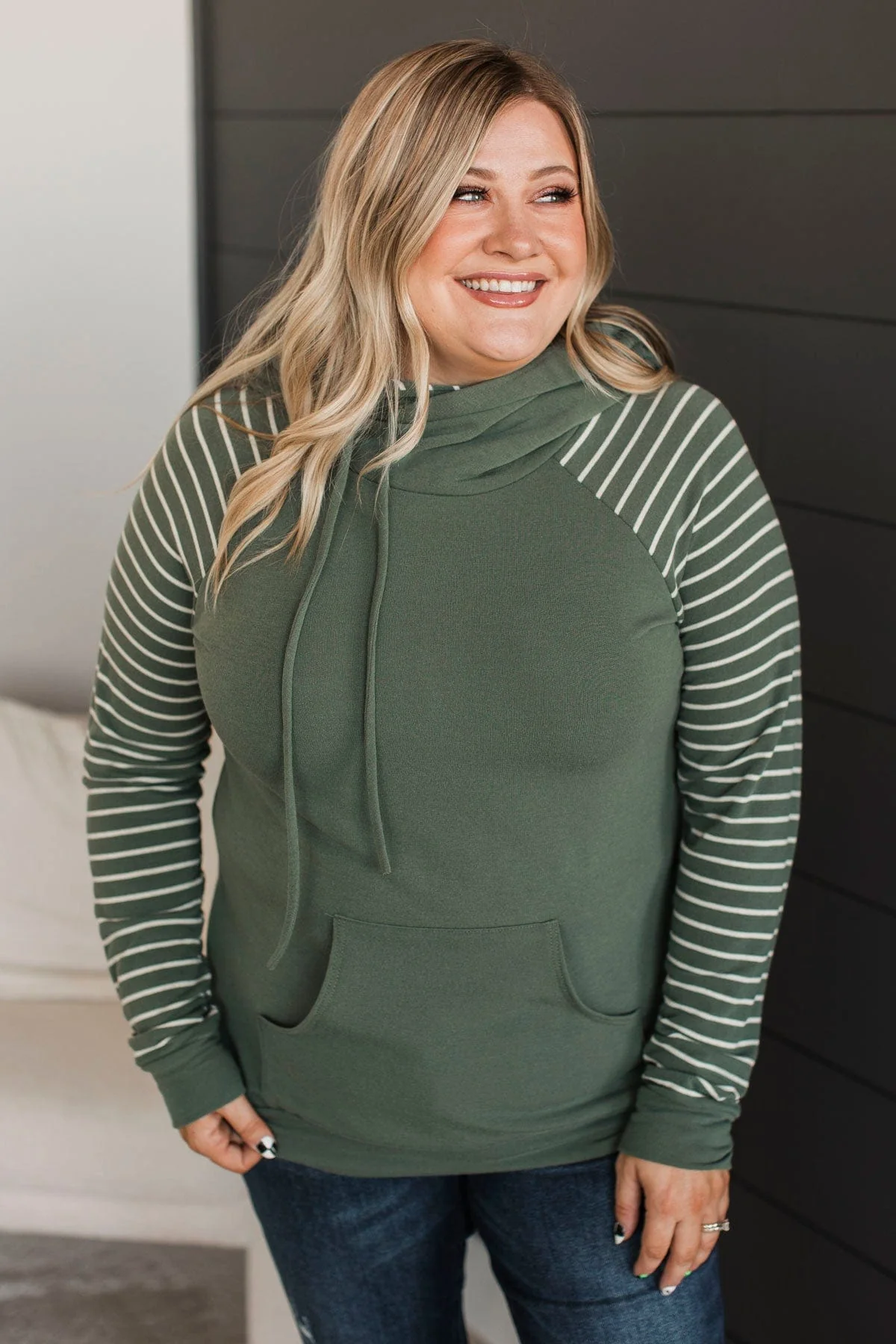 Over Again Cowl Neck Hoodie- Light Olive - Image 4